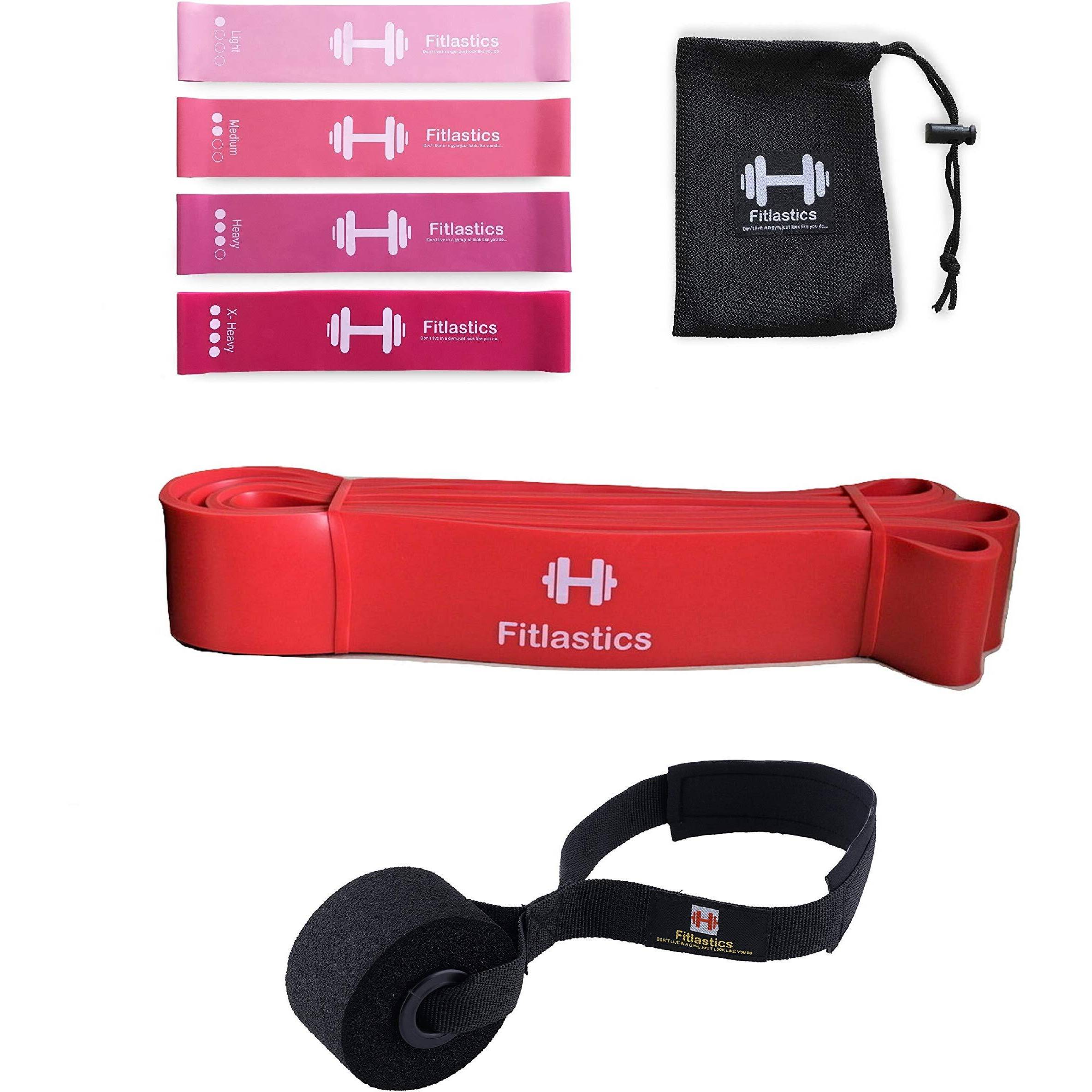 Fitlastics Resistance Loop Bands Set for Squats, Stretching, Strength Training Exercises, HIPS & Glutes Heavy Workouts for Men & Women (Pink Loop + Red Pullup Band Combo)