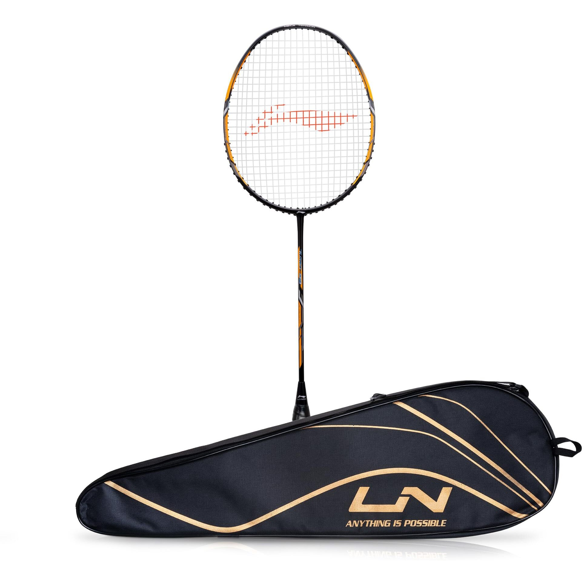 Li-Ning Turbo 99 Carbon Fibre Strung Badminton Racket with Full Racket Cover (Black/Gold) | For Intermediate Players | 84 grams | Maximum String Tension - 30lbs