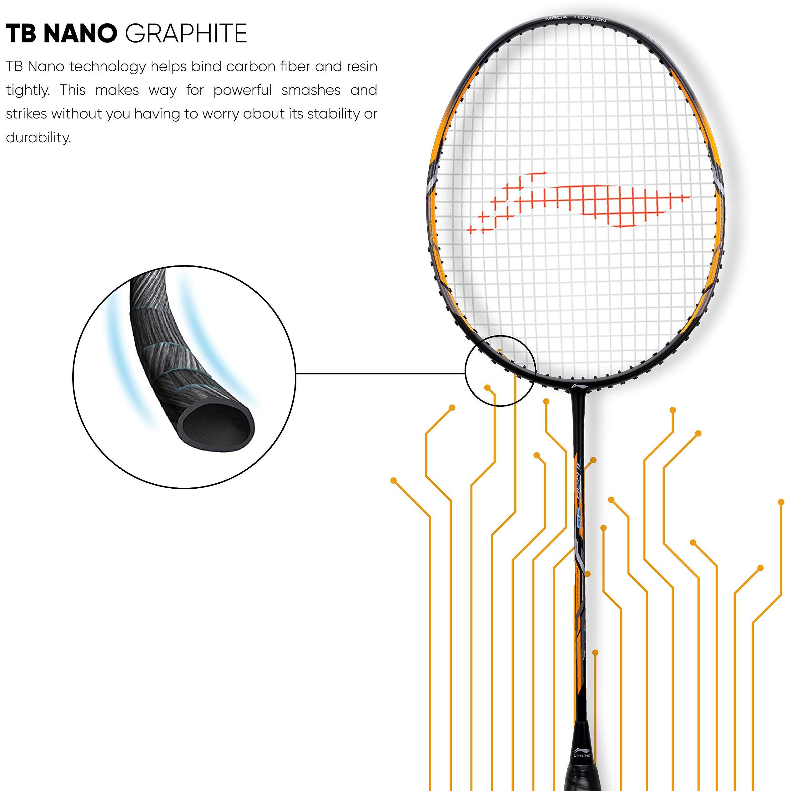 Li-Ning Turbo 99 Carbon Fibre Strung Badminton Racket with Full Racket Cover (Black/Gold) | For Intermediate Players | 84 grams | Maximum String Tension - 30lbs