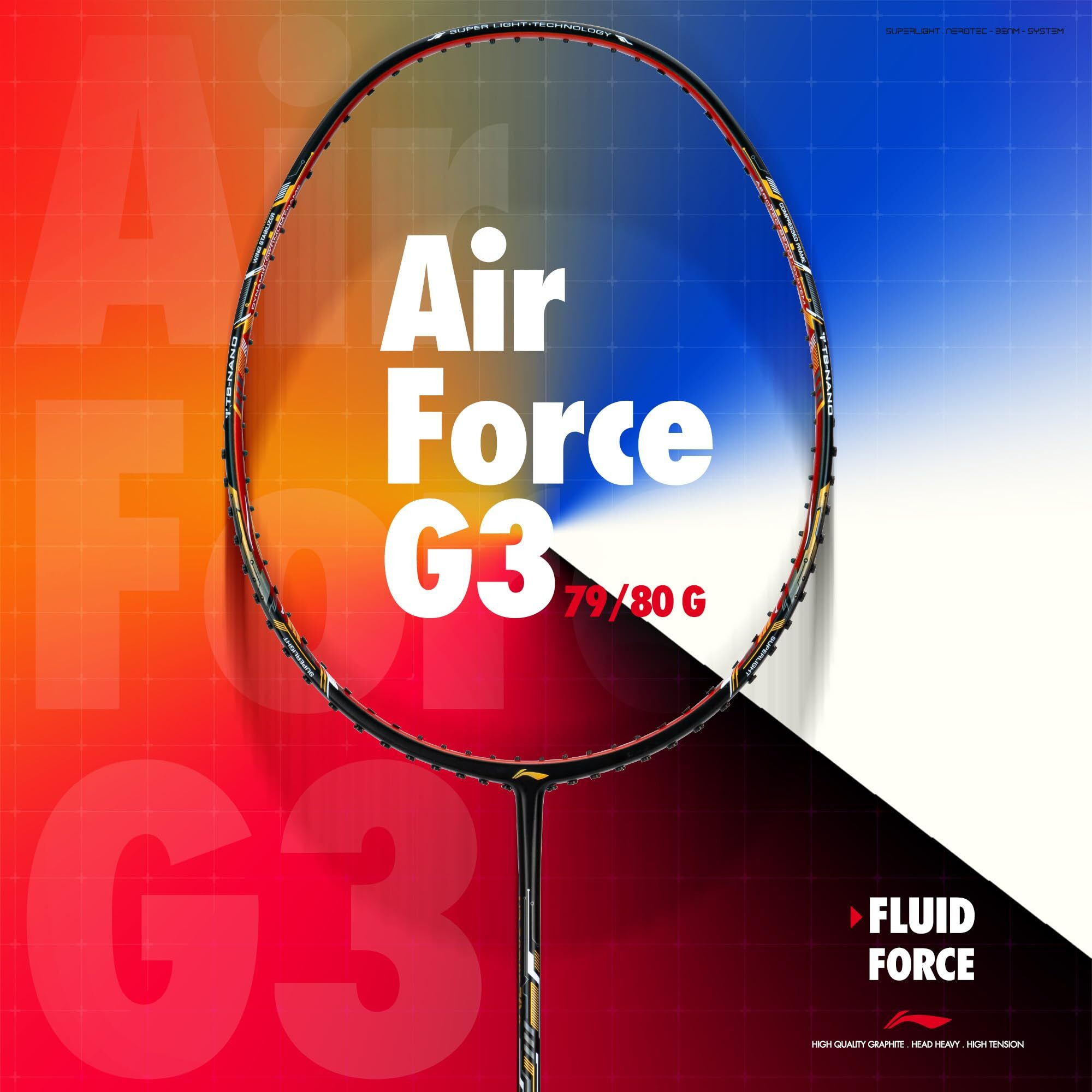 Li-ning Air-Force 78 G3 Carbon Fibre Unstrung Badminton Racket with Full Cover (78g, Black/Orange Red/Gold)