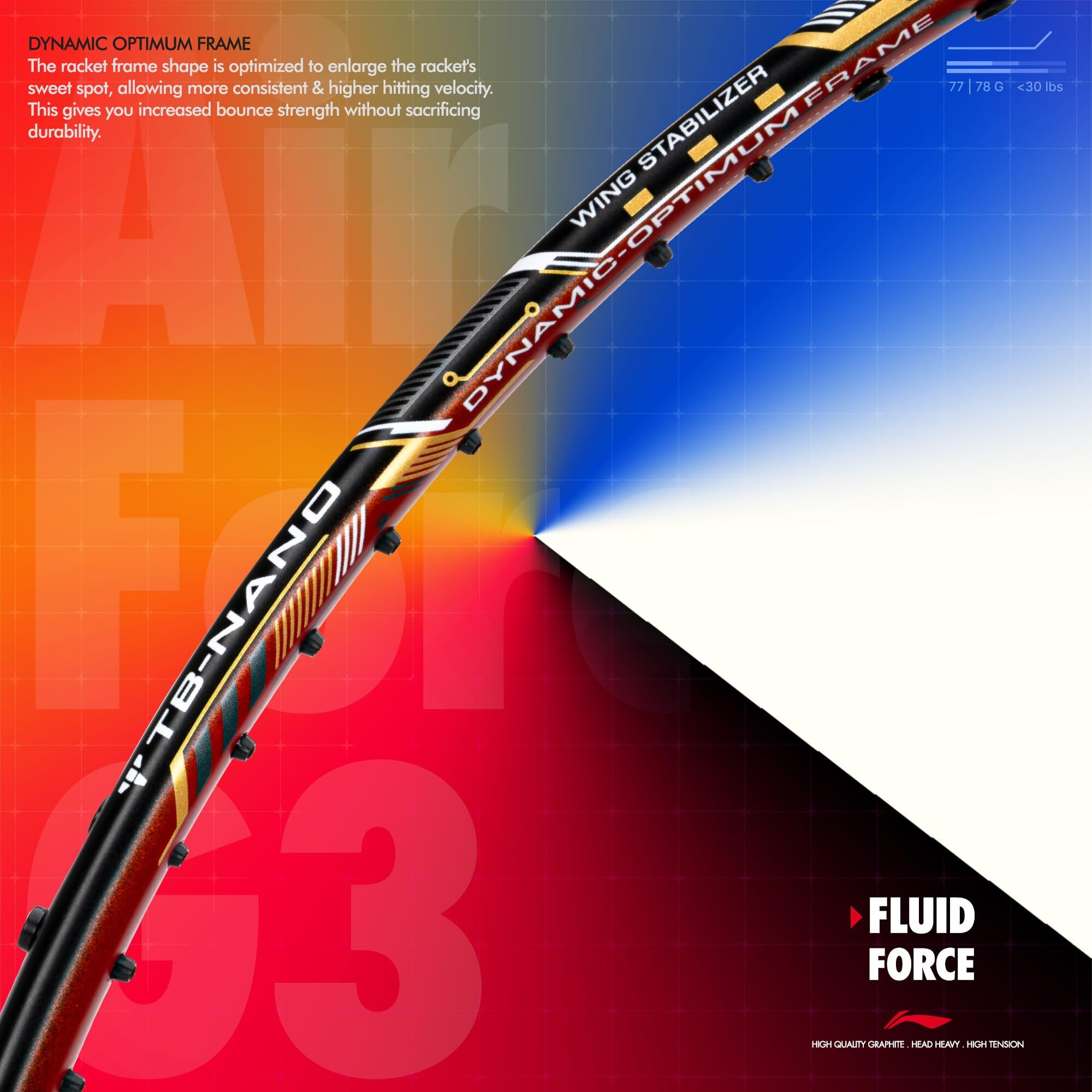 Li-ning Air-Force 78 G3 Carbon Fibre Unstrung Badminton Racket with Full Cover (78g, Black/Orange Red/Gold)