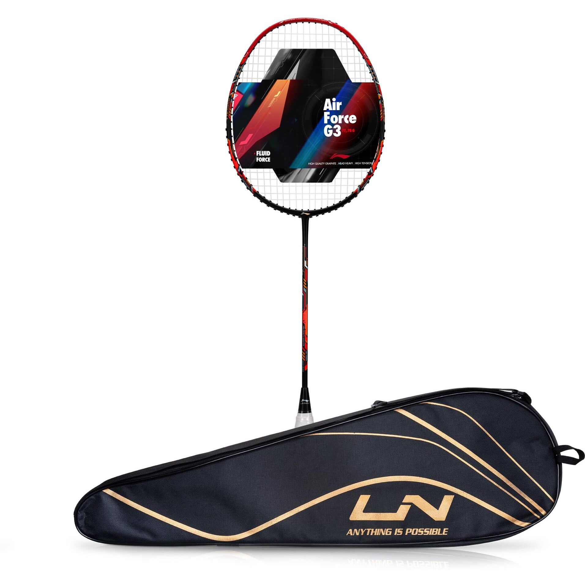 Li-ning Air-Force 77 G3 Carbon Fibre Strung Badminton Racket with Full Cover (77g, Black/Red/Orange)