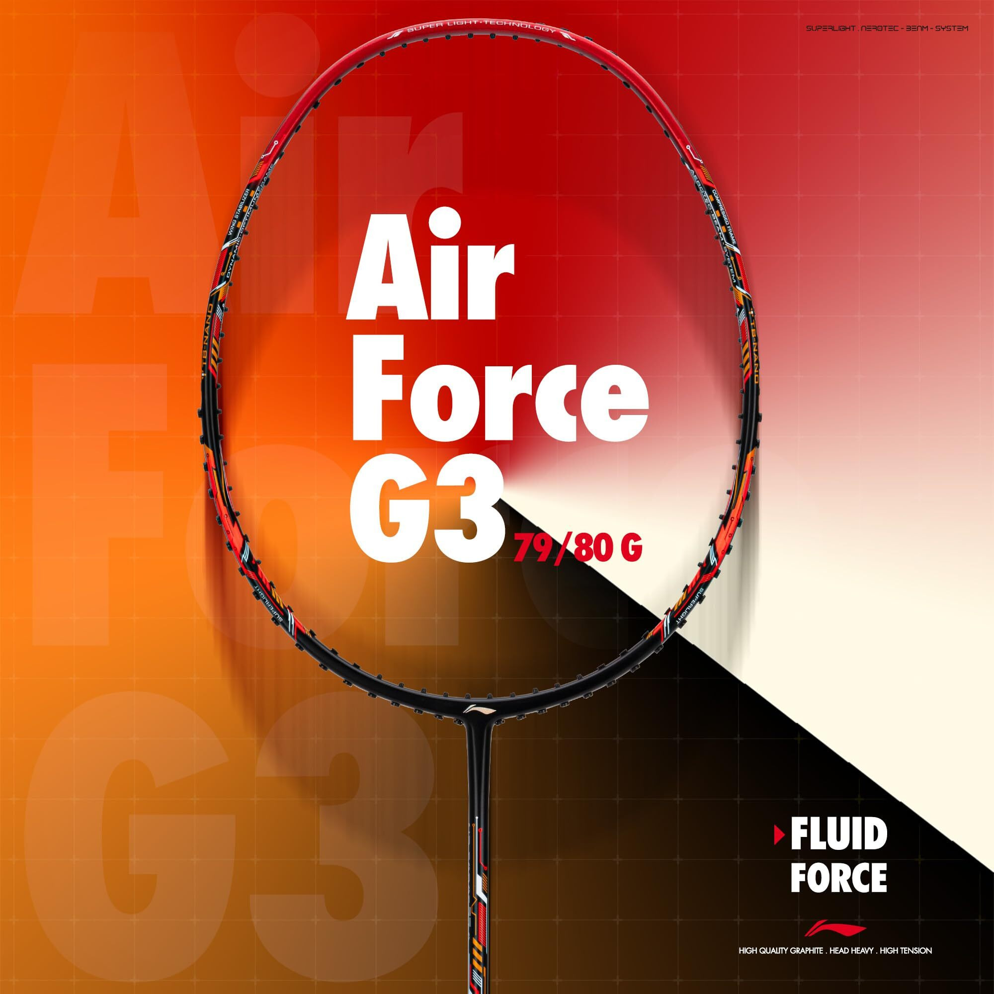 Li-ning Air-Force 77 G3 Carbon Fibre Strung Badminton Racket with Full Cover (77g, Black/Red/Orange)