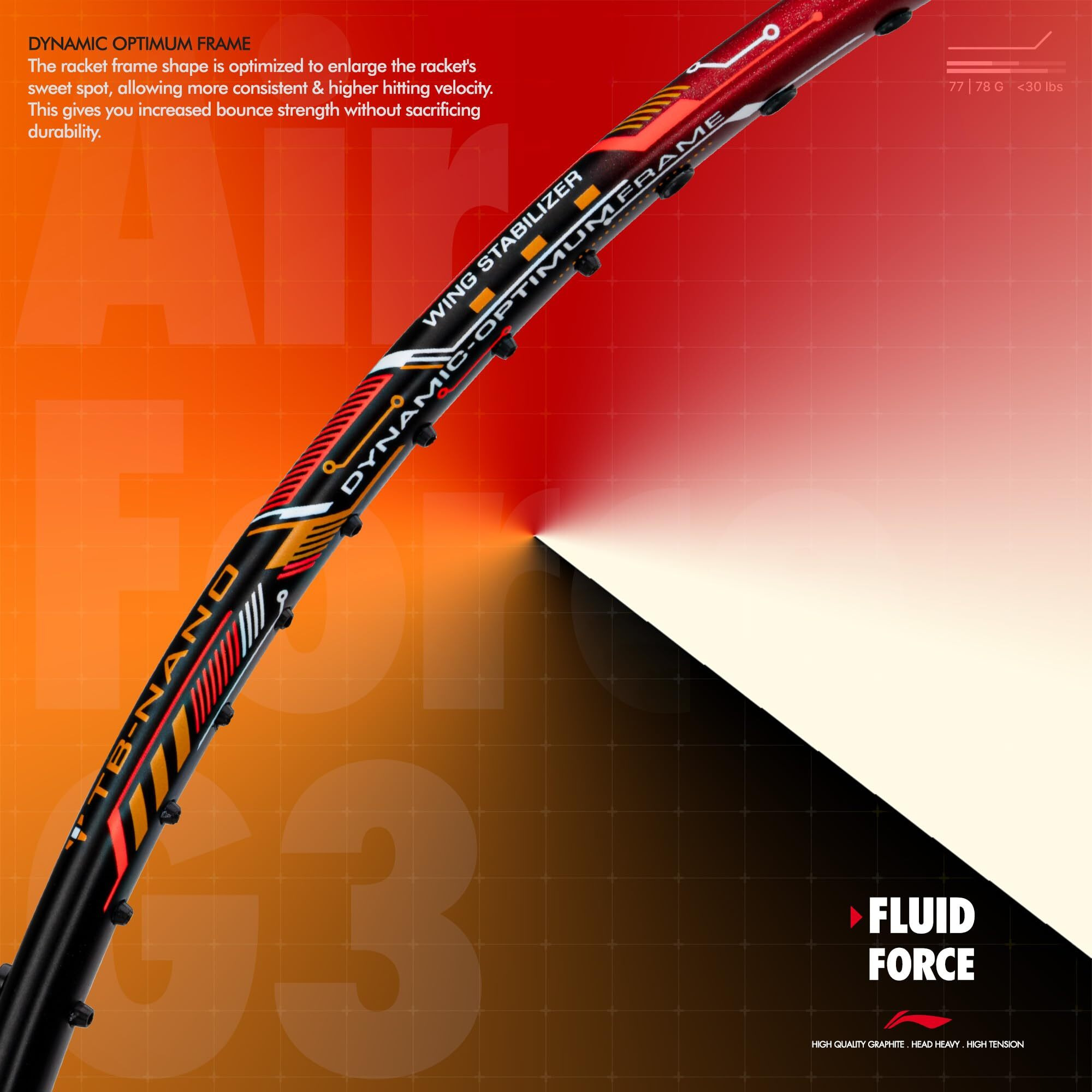 Li-ning Air-Force 77 G3 Carbon Fibre Strung Badminton Racket with Full Cover (77g, Black/Red/Orange)