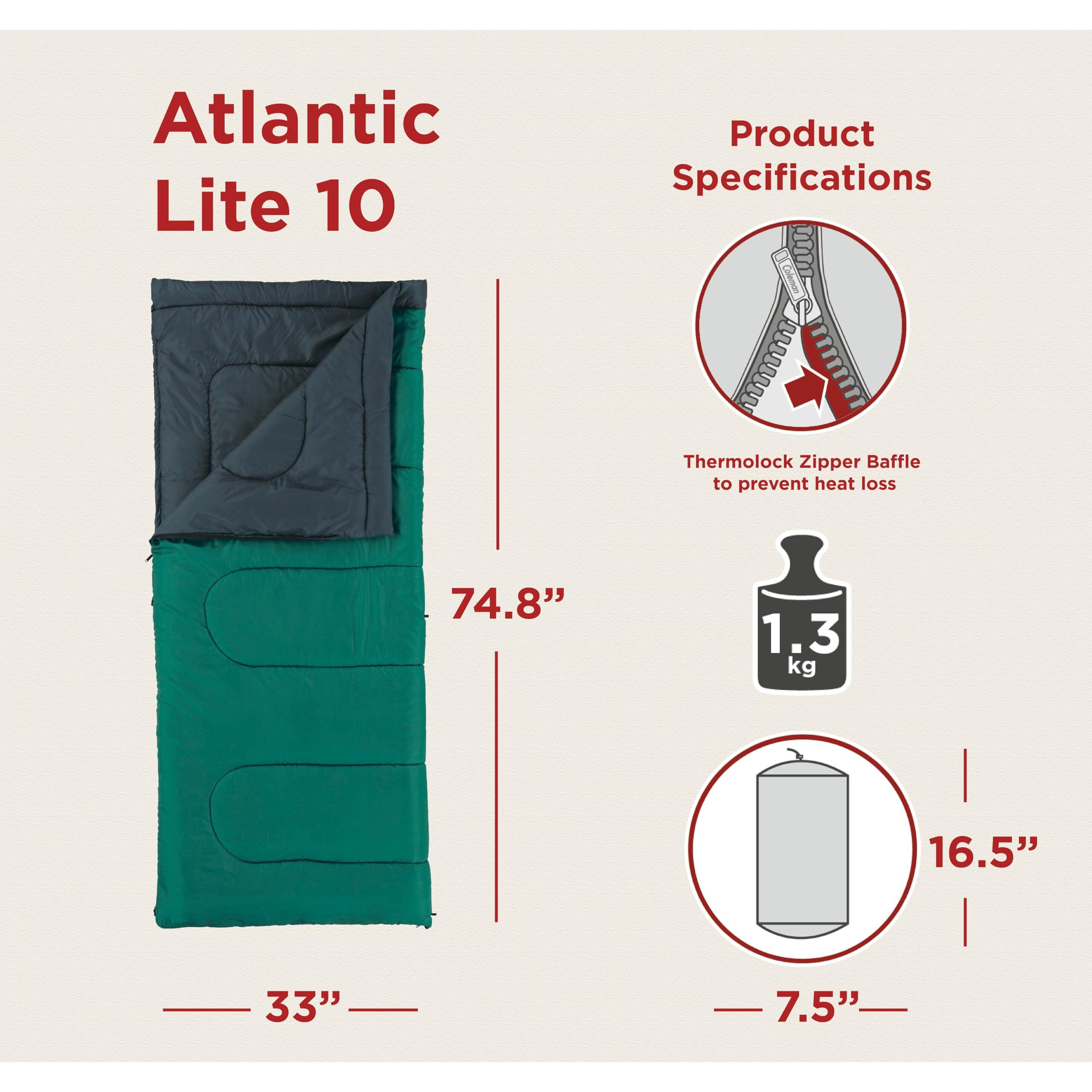 Coleman Polyester Atlantic Sleeping Bag for Adults | -10 C to 8  C | Lightweight Rectangular Sleep Bag for Traveling and Outdoors (Get Complimentary 1 Coleman BYOT Camping Nightout Event Pass)