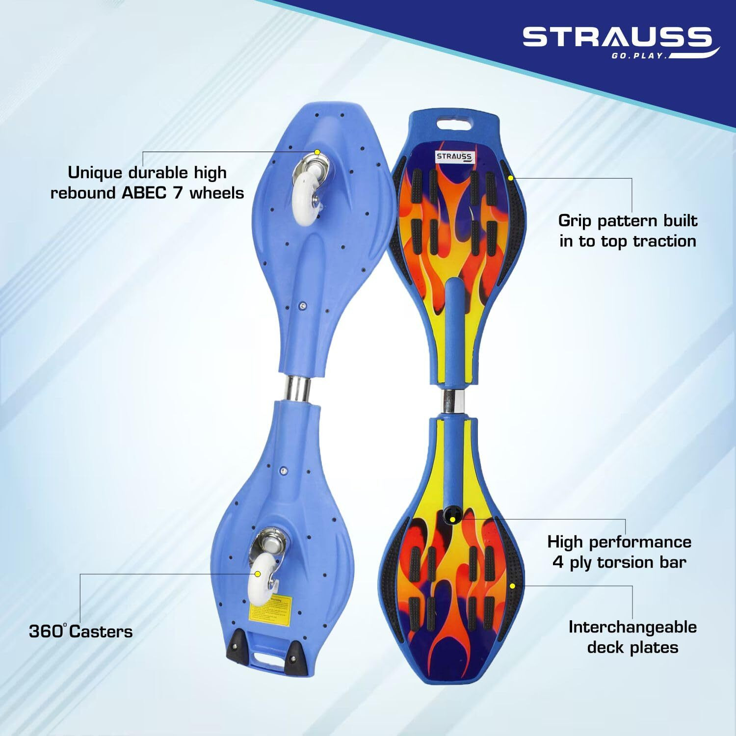 Strauss Bronx FB Waveboard/Caster Board/Balancing Board/Heavy Duty Skateboard with 360-degree Caster Wheels | Lightweight with Illuminating ABEC 7 Premium PU Wheels