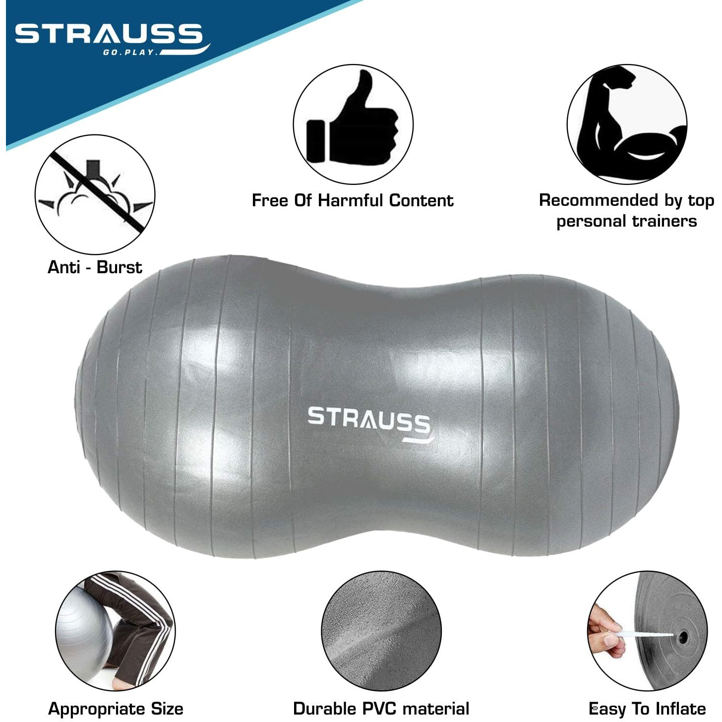 STRAUSS Anti-Burst Rubber Peanut Shape Gym Ball with Free Foot Pump | Round Shape Swiss Ball for Exercise, Workout, Yoga, Pregnancy, Birthing, Balance & Stability, 95x45 cm, (Grey)