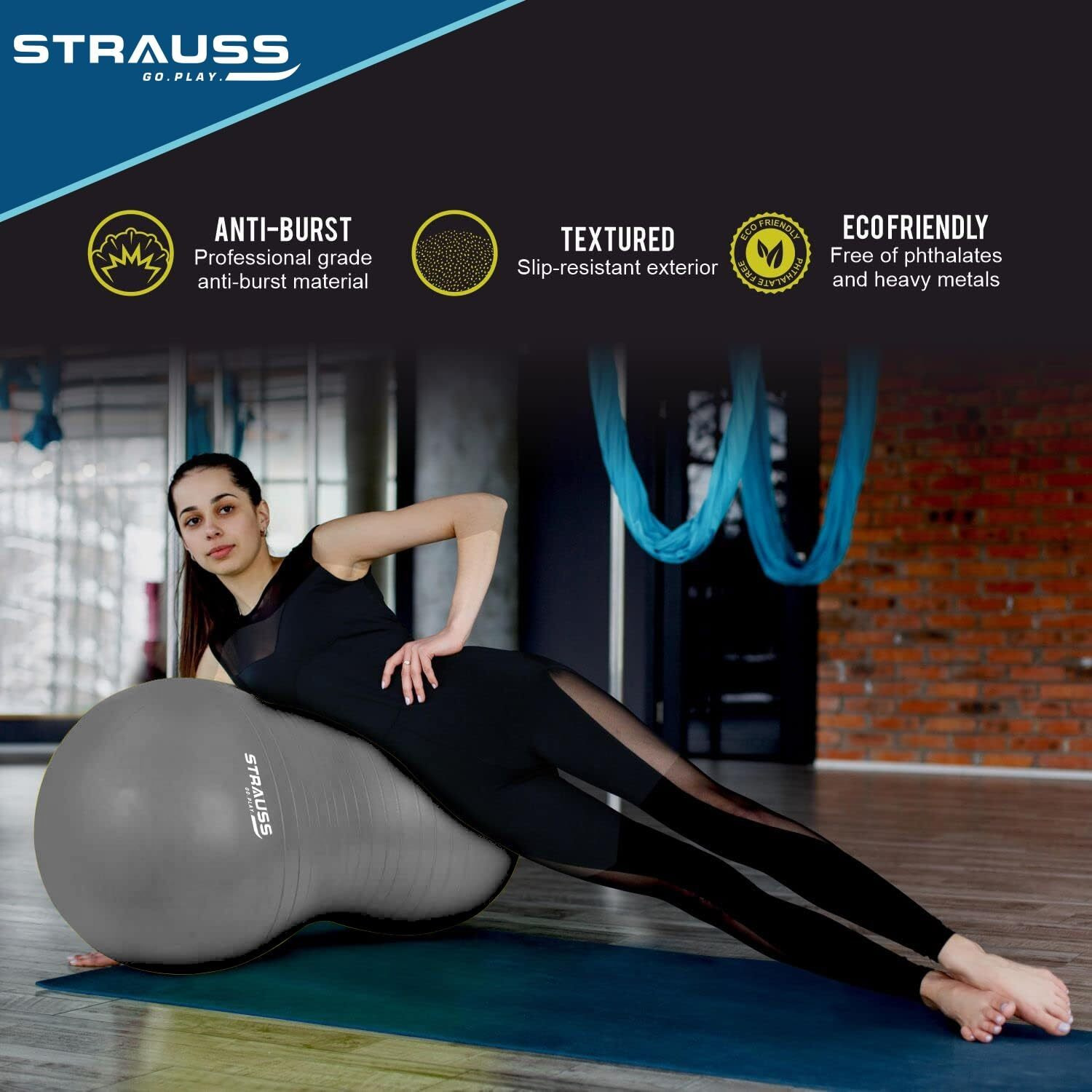 STRAUSS Anti-Burst Rubber Peanut Shape Gym Ball with Free Foot Pump | Round Shape Swiss Ball for Exercise, Workout, Yoga, Pregnancy, Birthing, Balance & Stability, 95x45 cm, (Grey)
