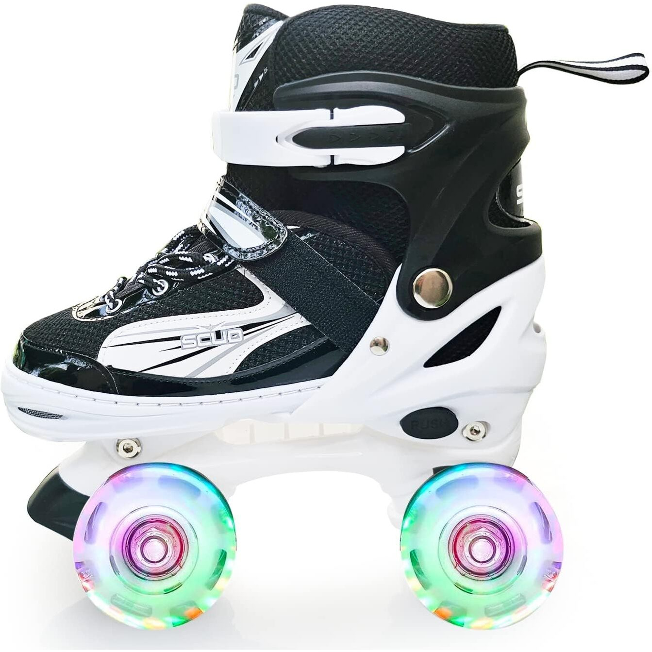 Jaspo Scud Adjustable Quad Roller Skates with PU LED Wheels, Best for Beginners and Intermediate Skaters for Both Outdoor and Indoor, for Kids Youth Boys Girls Teens Adults Men and Women(Black) S