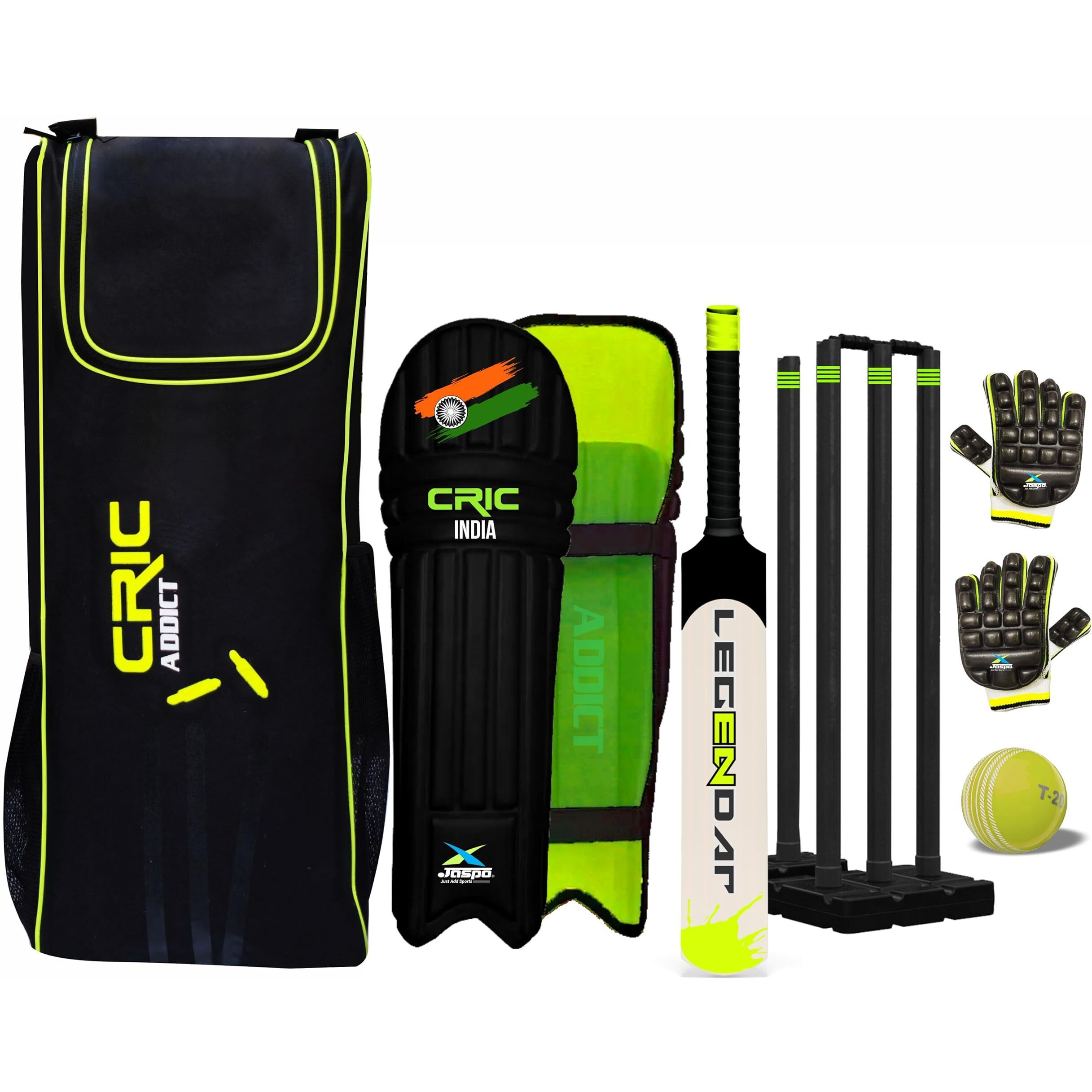 jaspo Cric-Addict Legender Cricket Set for Kids, Kit with legguards,Gloves,Bag,Ball,4stumps,2stands,2bails & a Strong Plastic bat for Initial Training, for Boys Girls(Size-5) up to 12 Years