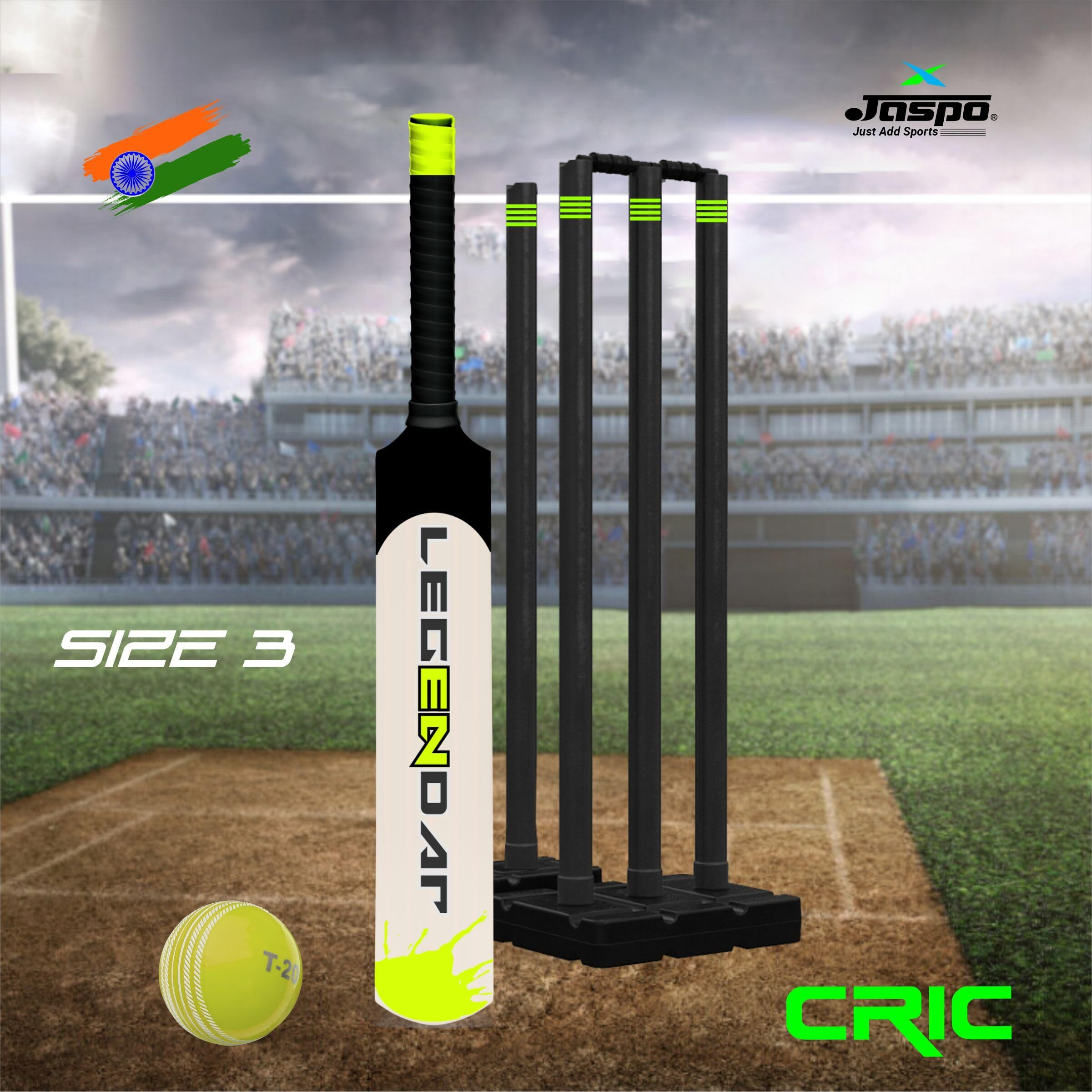 jaspo Cric-Addict Legender Cricket Set for Kids, Kit with legguards,Gloves,Bag,Ball,4stumps,2stands,2bails & a Strong Plastic bat for Initial Training, for Boys Girls(Size-5) up to 12 Years