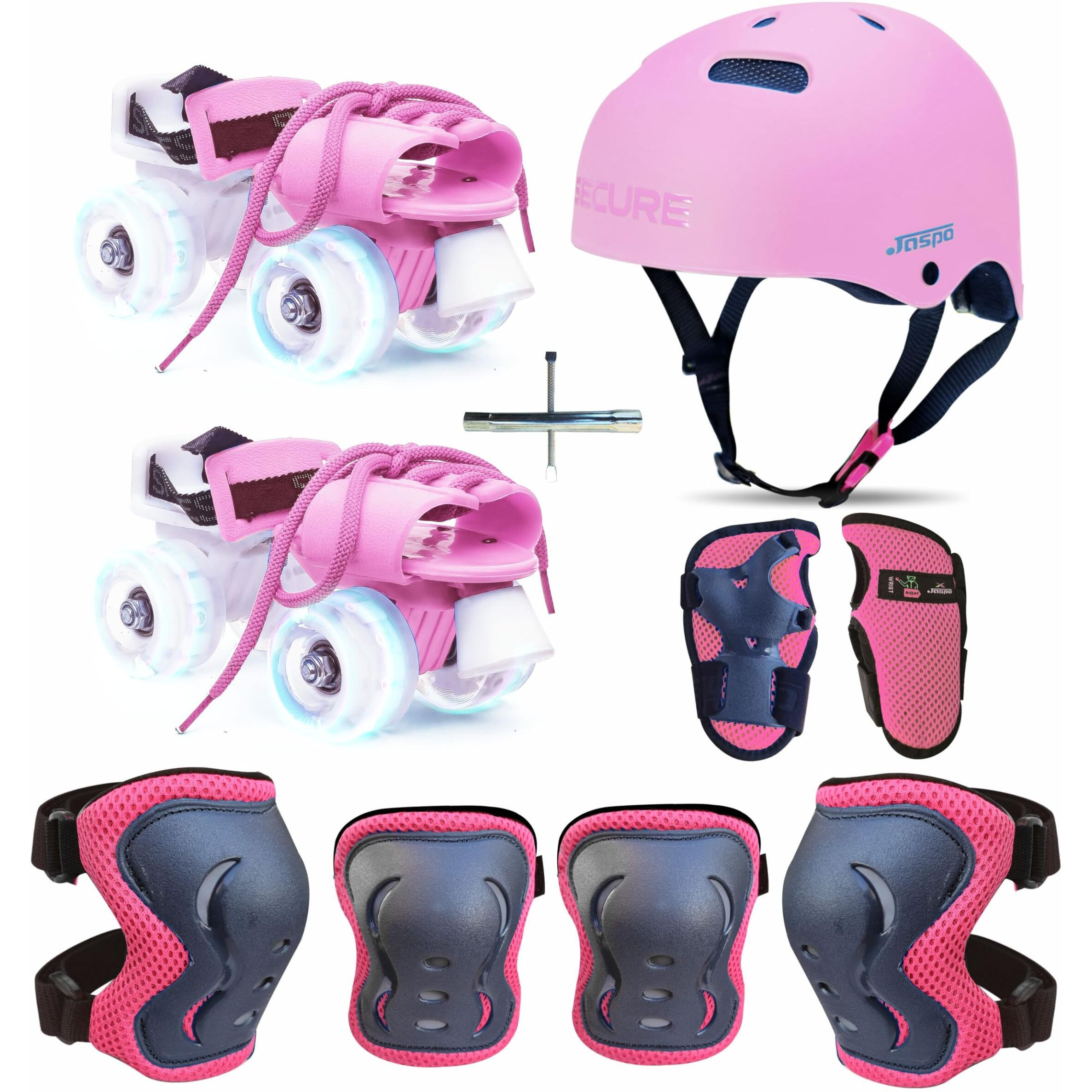 Jaspo Marshall illumi Premium Skating kit Adjustable Quad Roller Skates for Kids 8-14 Years with LED PU Wheels and Superior Protective Gear Combo, (Pink)