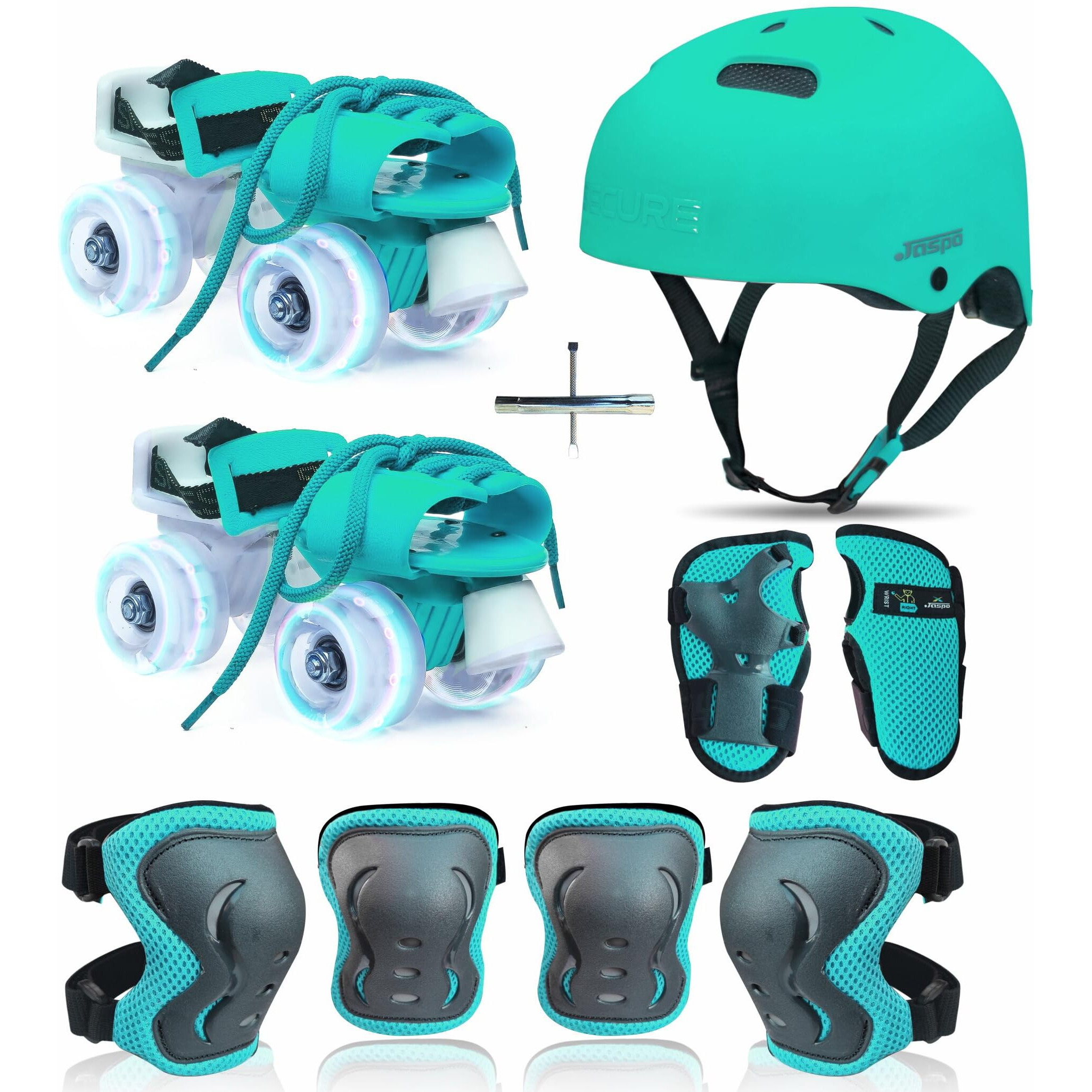 Jaspo Marshall illumi Premium Skating kit Adjustable Quad Roller Skates for Kids 8-14 Years with LED PU Wheels and Superior Protective Gear Combo(Cyan)