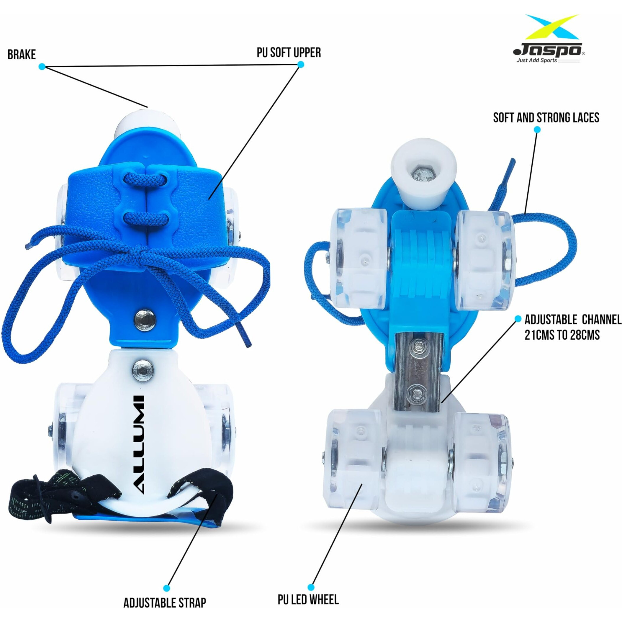 Jaspo Marshall illumi Premium Skating kit Adjustable Quad Roller Skates for Kids 8-14 Years with LED PU Wheels and Superior Protective Gear Combo,(Blue)