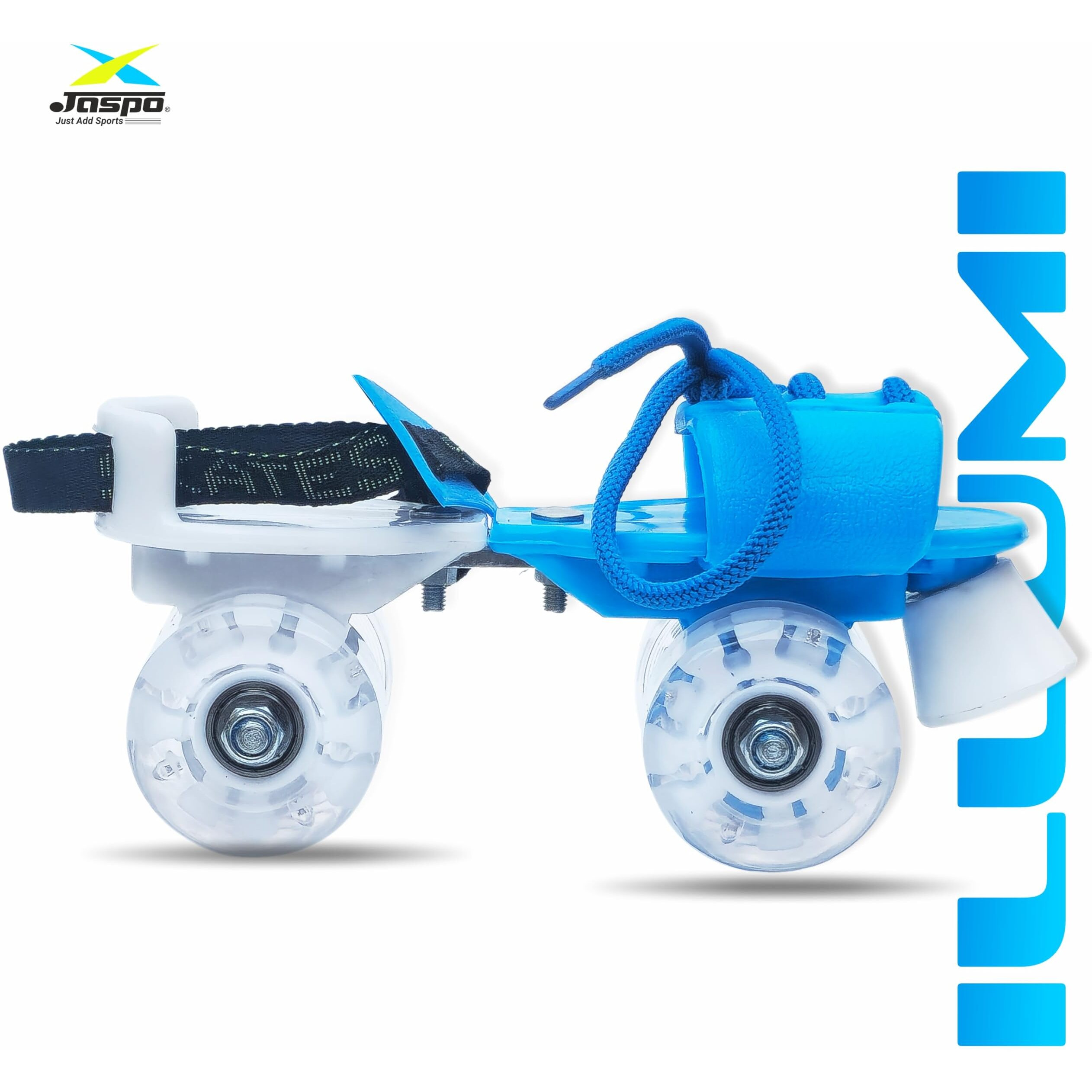 Jaspo Marshall illumi Premium Skating kit Adjustable Quad Roller Skates for Kids 8-14 Years with LED PU Wheels and Superior Protective Gear Combo,(Blue)