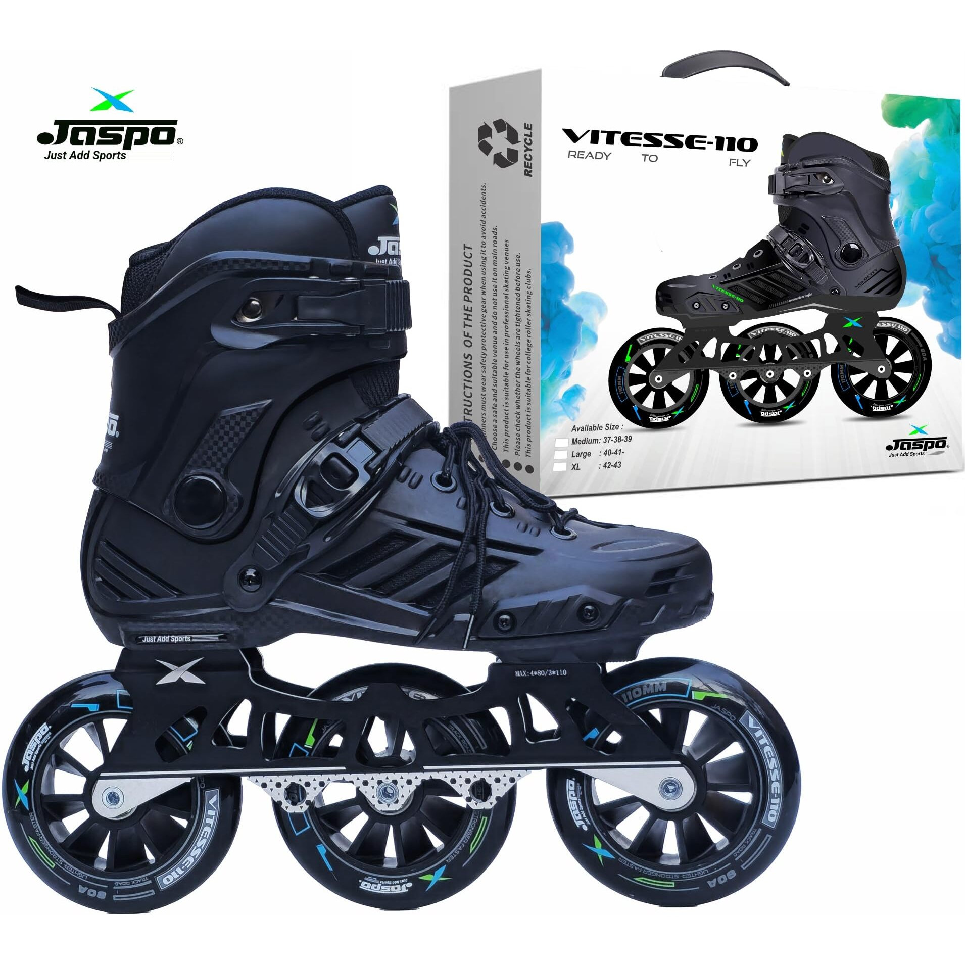 Jaspo Vitesse-110 Inline Shoe Skates 3 Wheels Inline 110mm Roller Skates Blades for Adult Women Men (Large, Black)