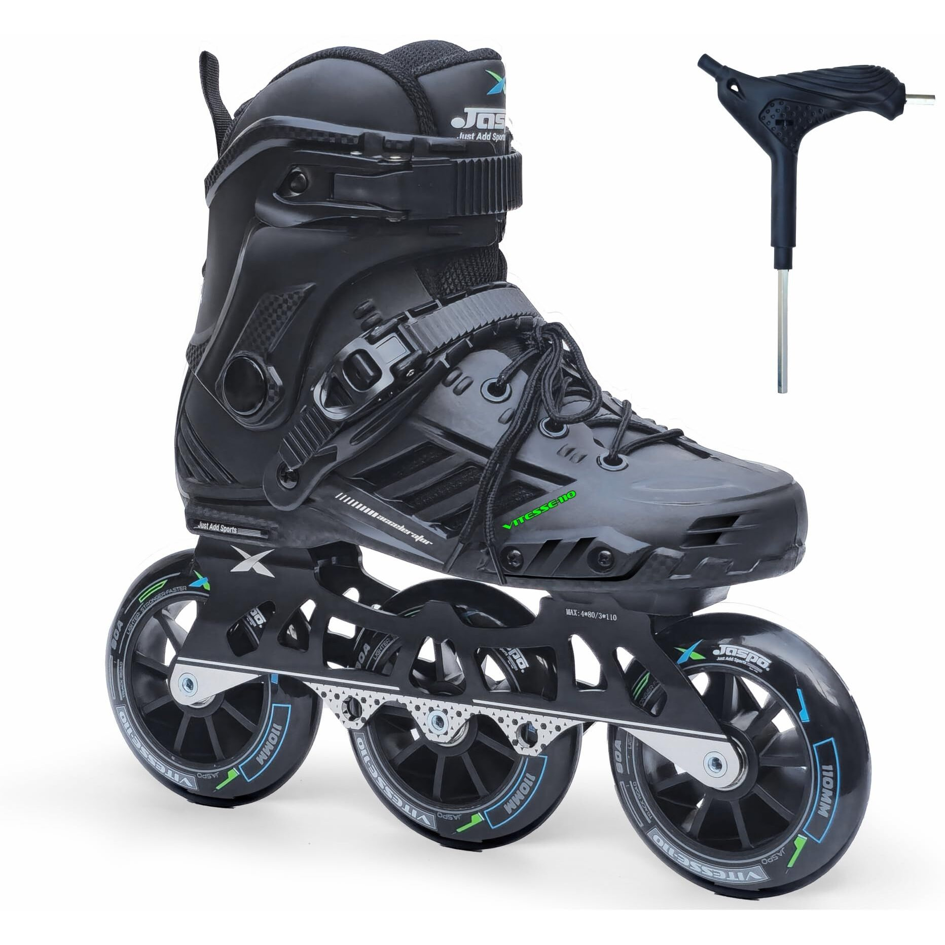 Jaspo Vitesse-110 Inline Shoe Skates 3 Wheels Inline 110mm Roller Skates Blades for Adult Women Men (Extra Large, Black)