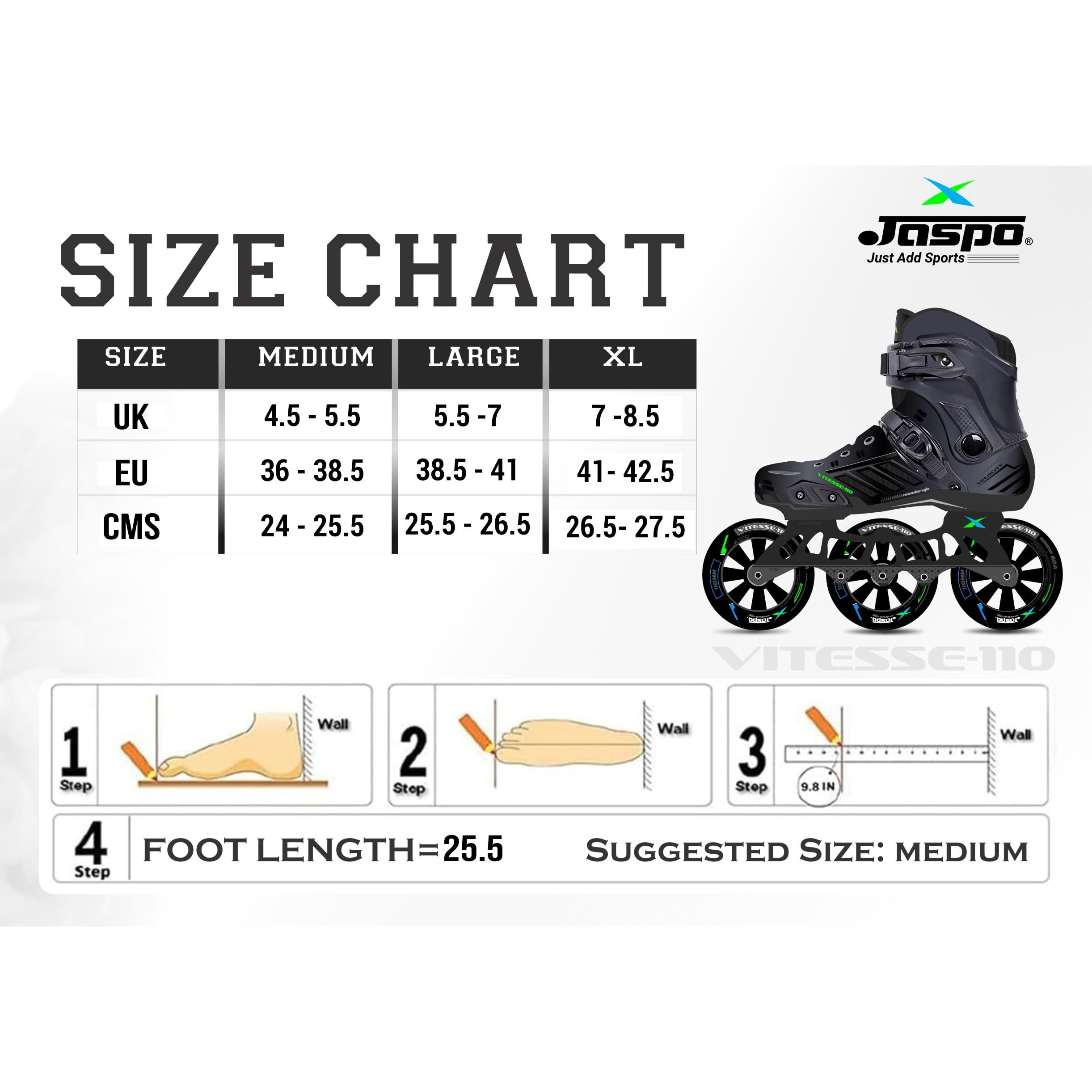 Jaspo Vitesse-110 Inline Shoe Skates 3 Wheels Inline 110mm Roller Skates Blades for Adult Women Men (Extra Large, Black)