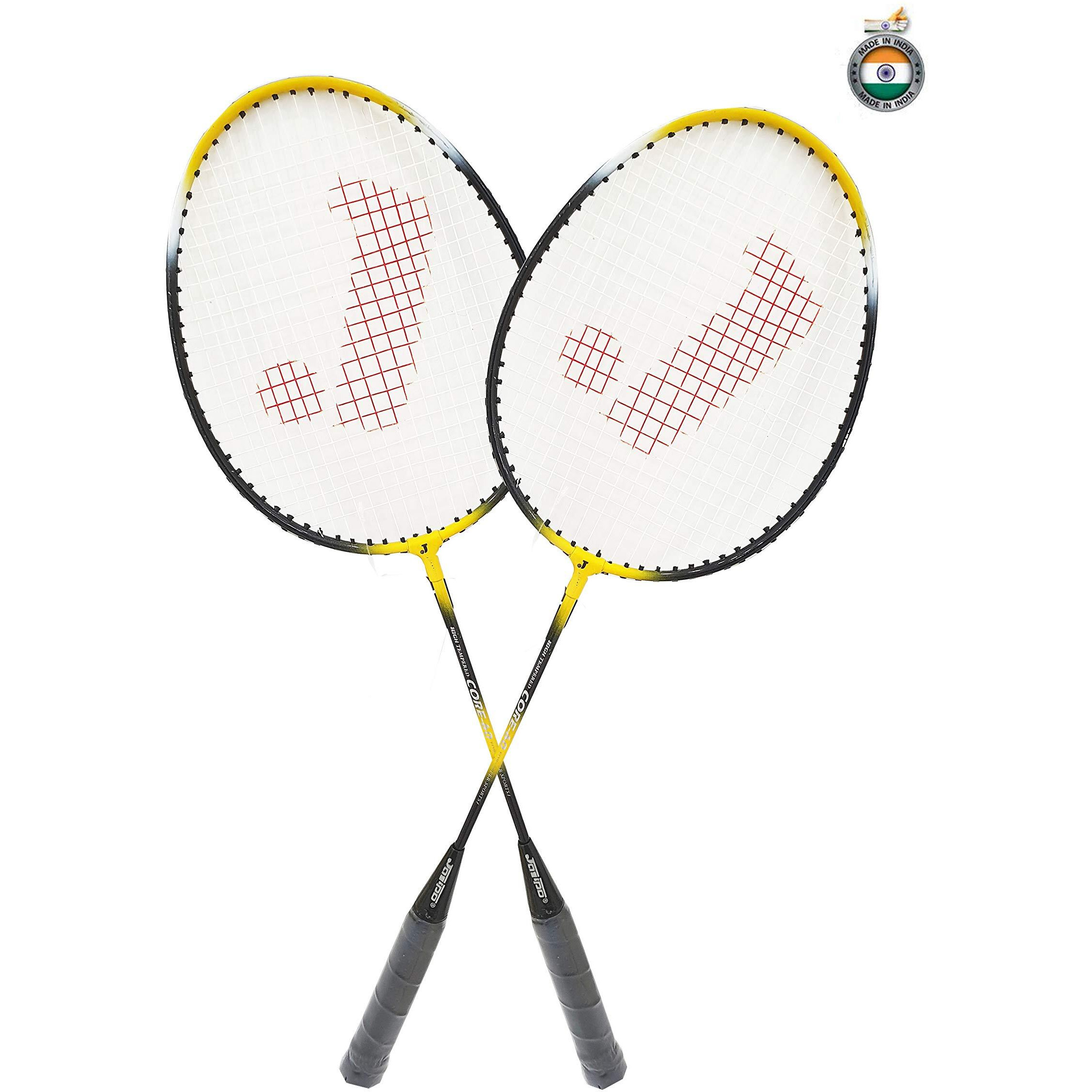 jaspo Core-JS-600 4 Aluminum Badminton Rackets, 5 Feather Shuttlecock, Badminton Bag- Multicolor