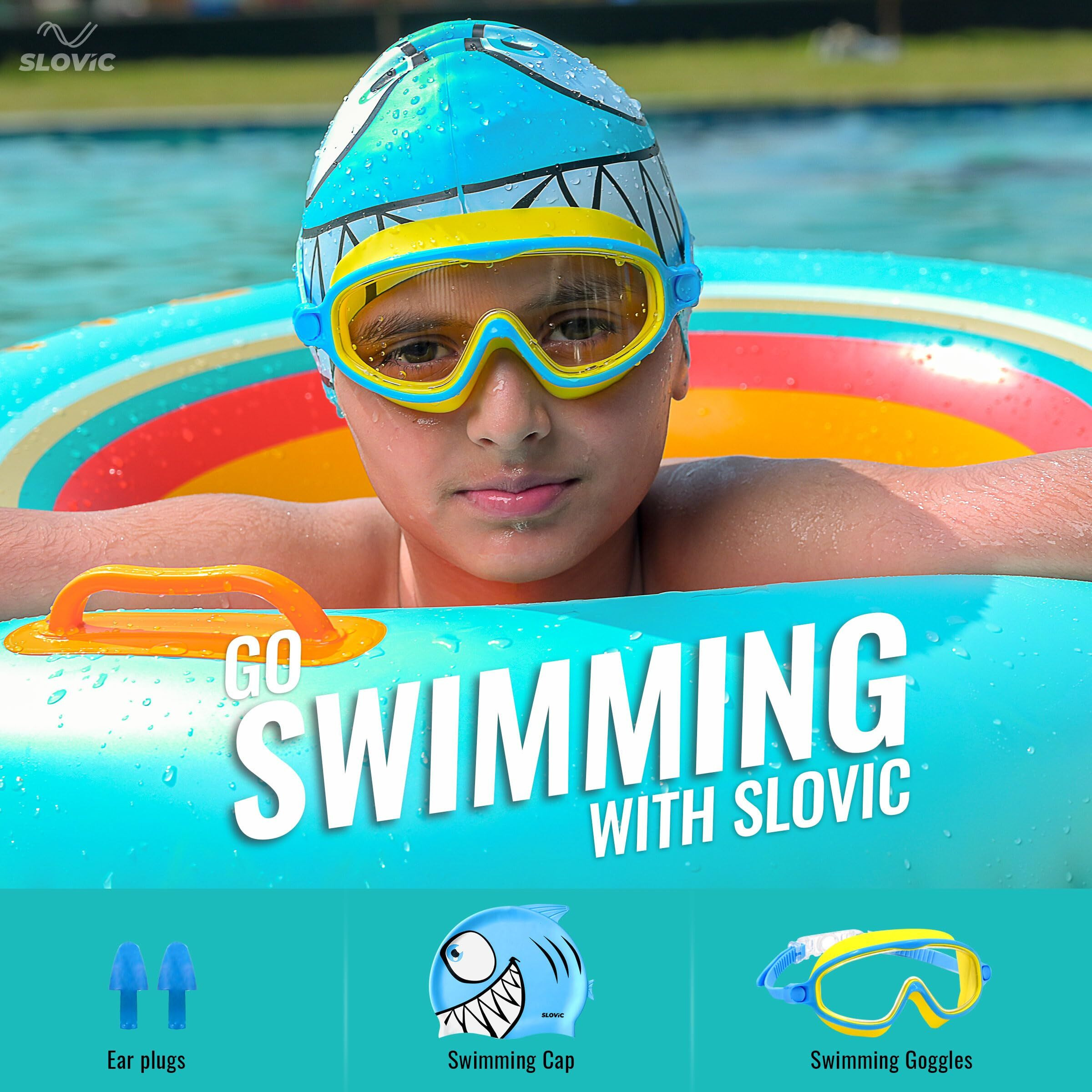 SLOVIC Yellow Goggles with Blue Shark Printed Swimming Caps for Kids | Waterproof | Anti-Fog Glasses | Perfect Fit for Boys & Girl | Swimming Caps for Kids 6-14 | No Hair Pulling | Free Size Cap