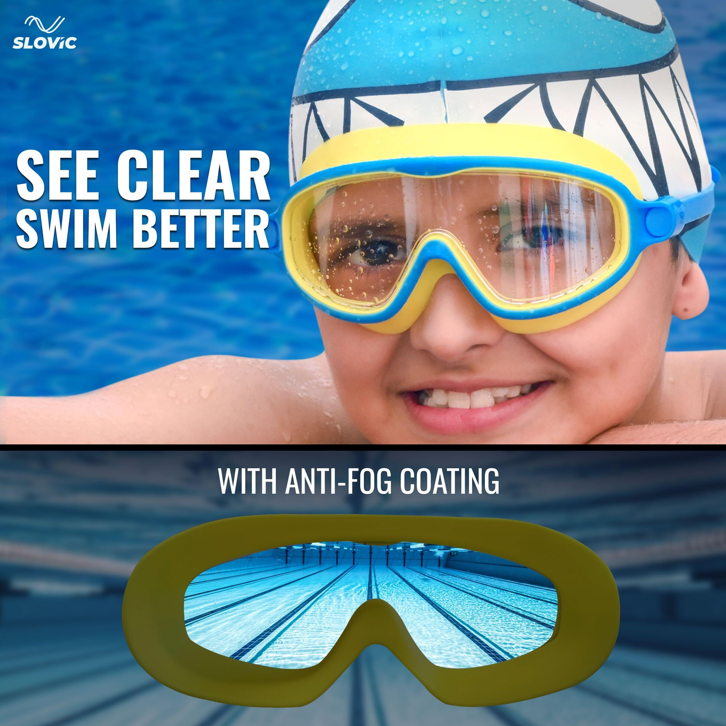 SLOVIC Yellow Goggles with Blue Shark Printed Swimming Caps for Kids | Waterproof | Anti-Fog Glasses | Perfect Fit for Boys & Girl | Swimming Caps for Kids 6-14 | No Hair Pulling | Free Size Cap