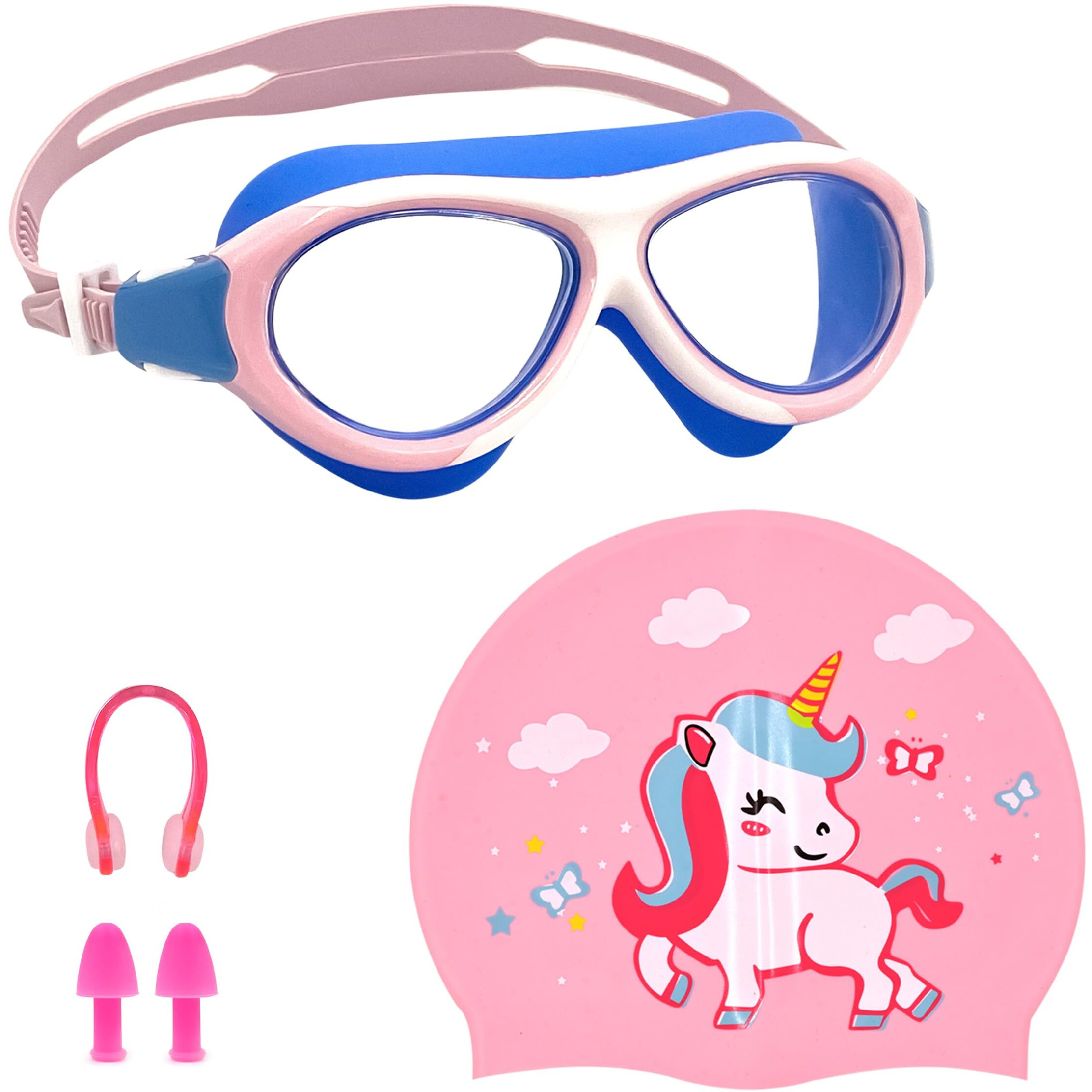 SLOVIC Pink Swimming Goggles & Pink Unicorn Printed Swimming Caps for Kids | Waterproof | Anti-Fog Glasses | Perfect Fit for Boys & Girl | Swimming Caps for Kids 6-14 | No Hair Pulling, Free Size Cap