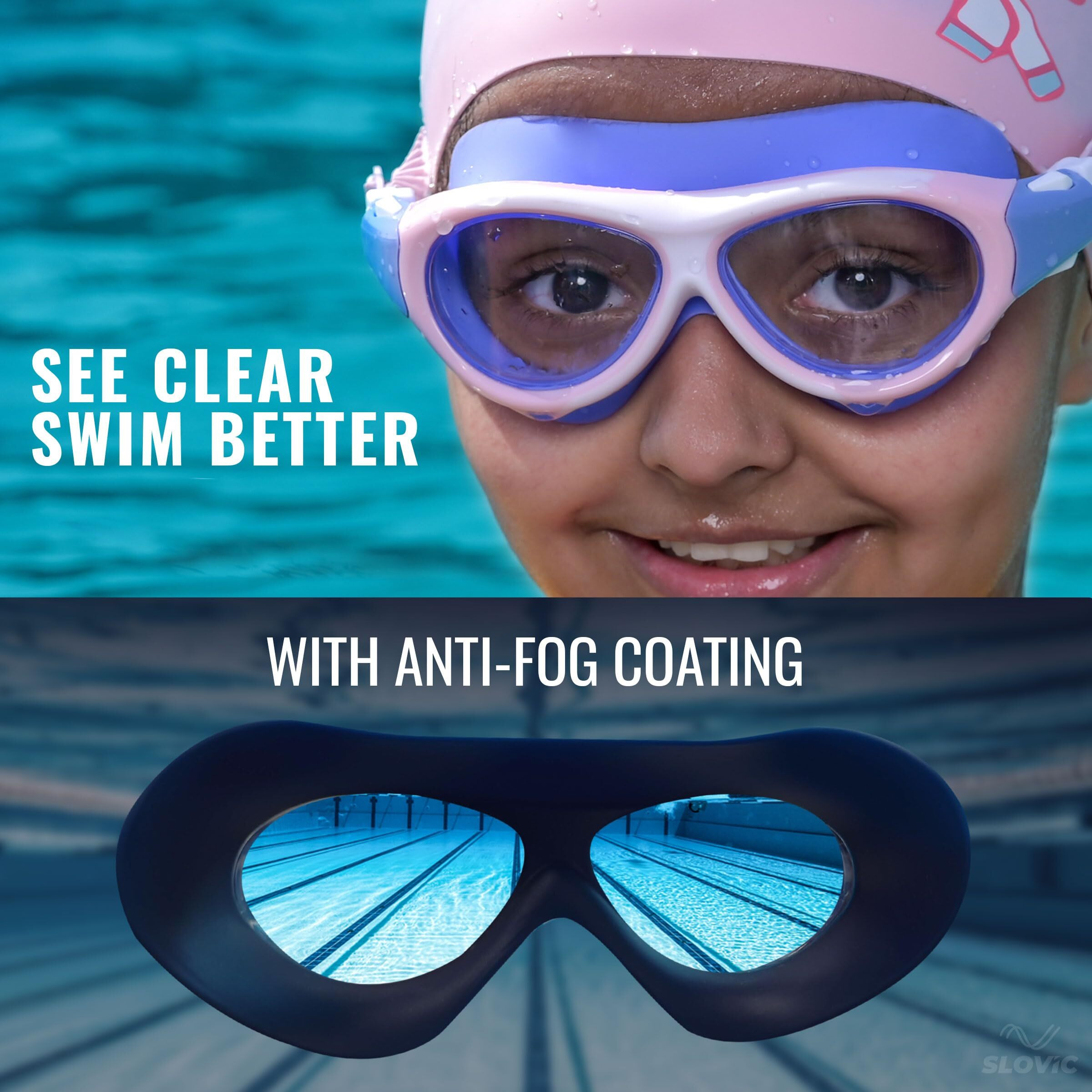 SLOVIC Pink Swimming Goggles & Pink Unicorn Printed Swimming Caps for Kids | Waterproof | Anti-Fog Glasses | Perfect Fit for Boys & Girl | Swimming Caps for Kids 6-14 | No Hair Pulling, Free Size Cap
