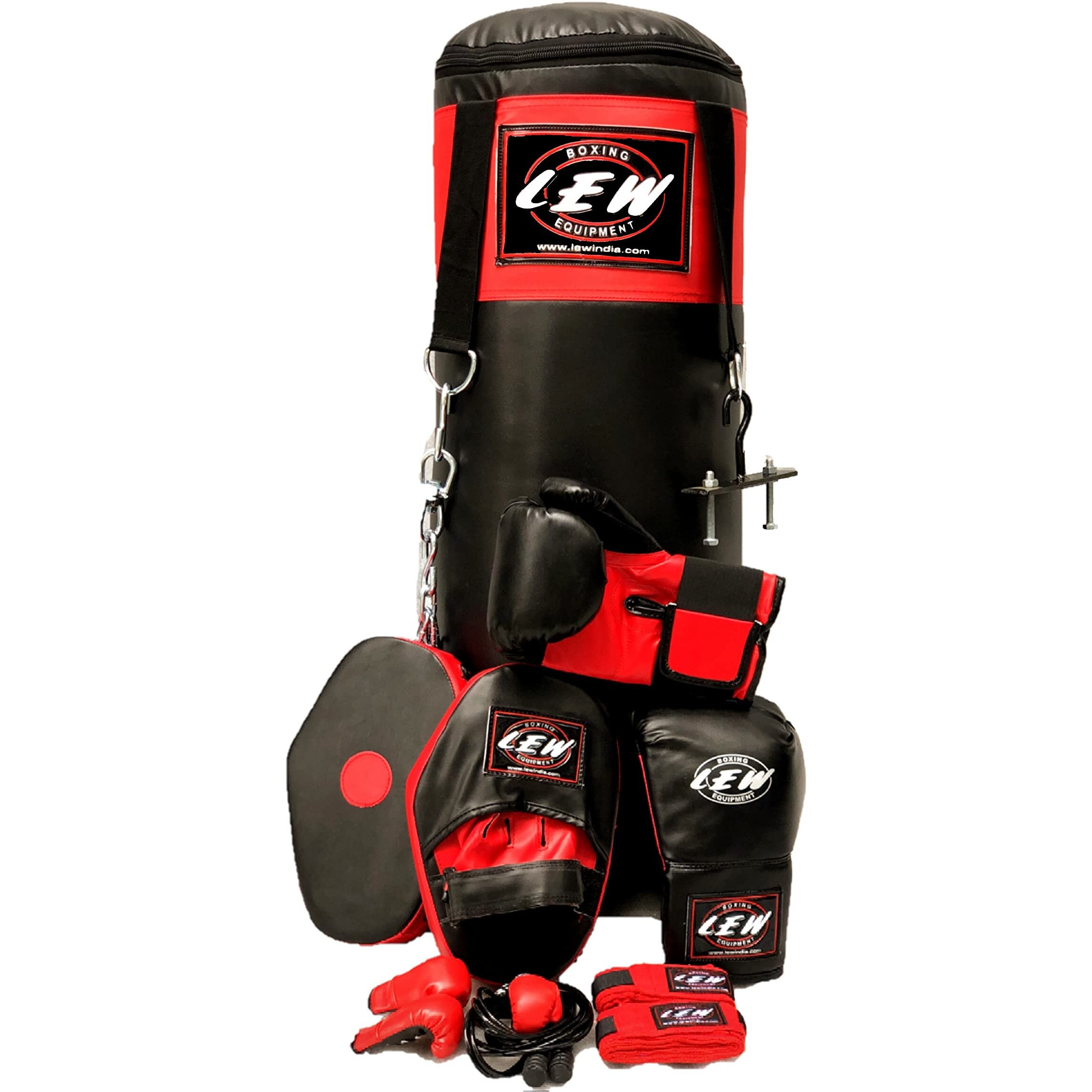 LEW Punching Bag 10 Piece Boxing Set filled with Heavy Bag Gloves Ceiling Hook Chains Hand Wraps Training Kickboxing Muay Thai MMA Punching Bags
