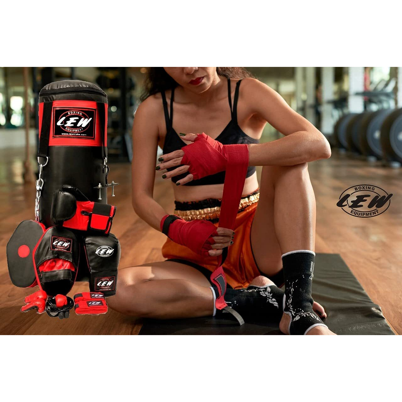LEW Punching Bag 10 Piece Boxing Set filled with Heavy Bag Gloves Ceiling Hook Chains Hand Wraps Training Kickboxing Muay Thai MMA Punching Bags