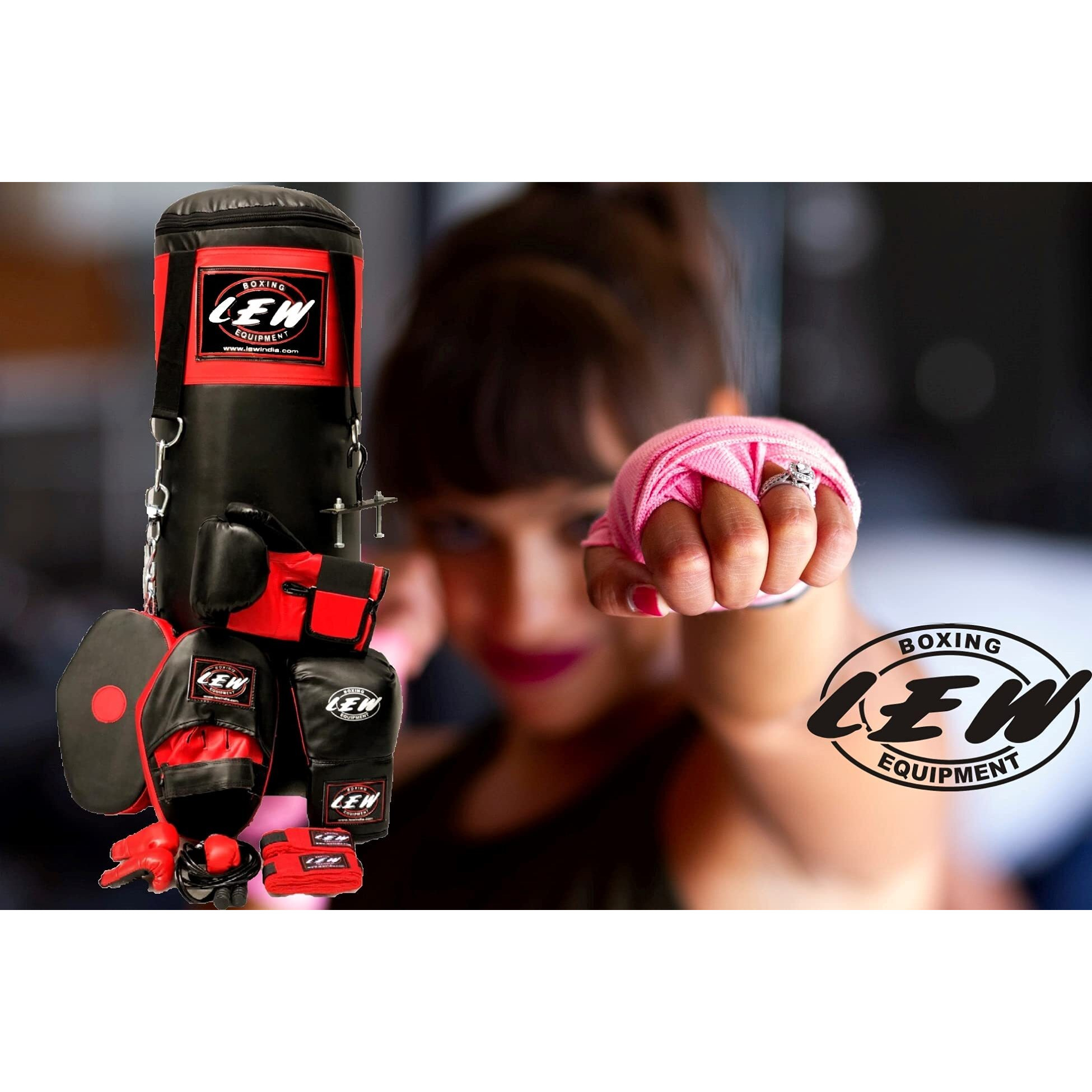 LEW Punching Bag 10 Piece Boxing Set filled with Heavy Bag Gloves Ceiling Hook Chains Hand Wraps Training Kickboxing Muay Thai MMA Punching Bags