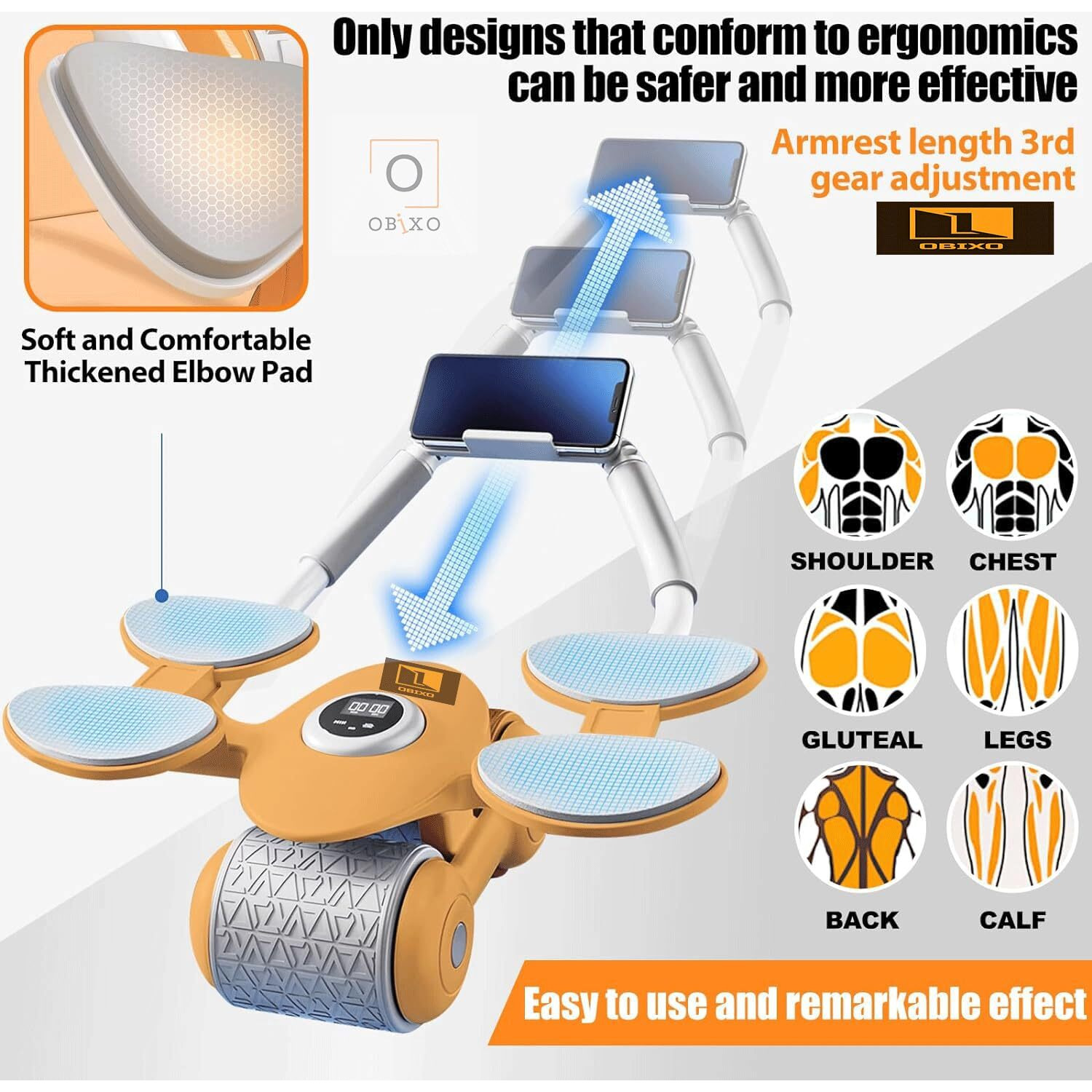 OBIXO Auto Rebound Ab Roller Automatic Abdominal Rolling Wheel 4 Elbow Pads Abs Exercise Roller Machine with Timer Elbow Support Abdominal Exercise Equipment for Men and Women (Assorted Multicolor)