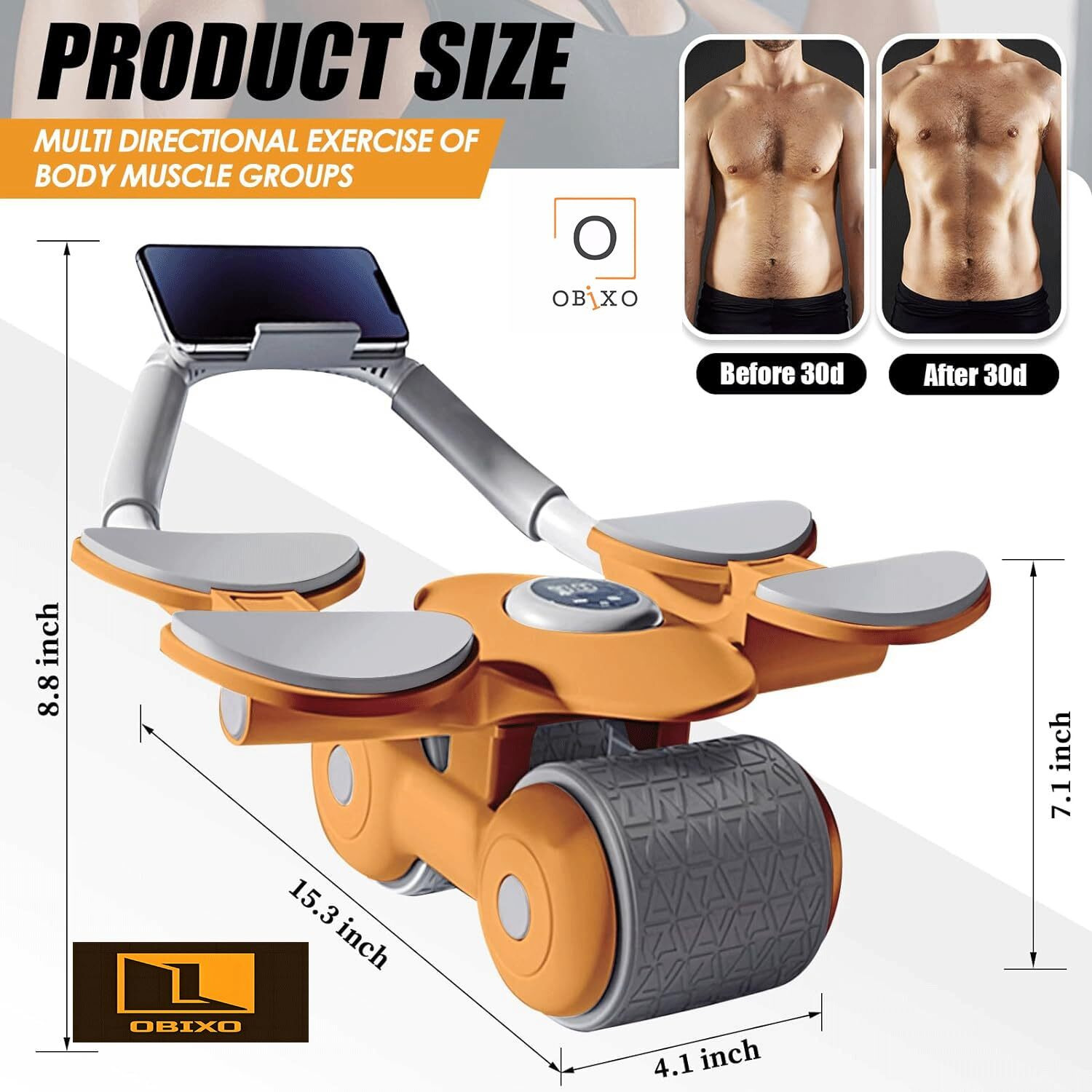 OBIXO Auto Rebound Ab Roller Automatic Abdominal Rolling Wheel 4 Elbow Pads Abs Exercise Roller Machine with Timer Elbow Support Abdominal Exercise Equipment for Men and Women (Assorted Multicolor)