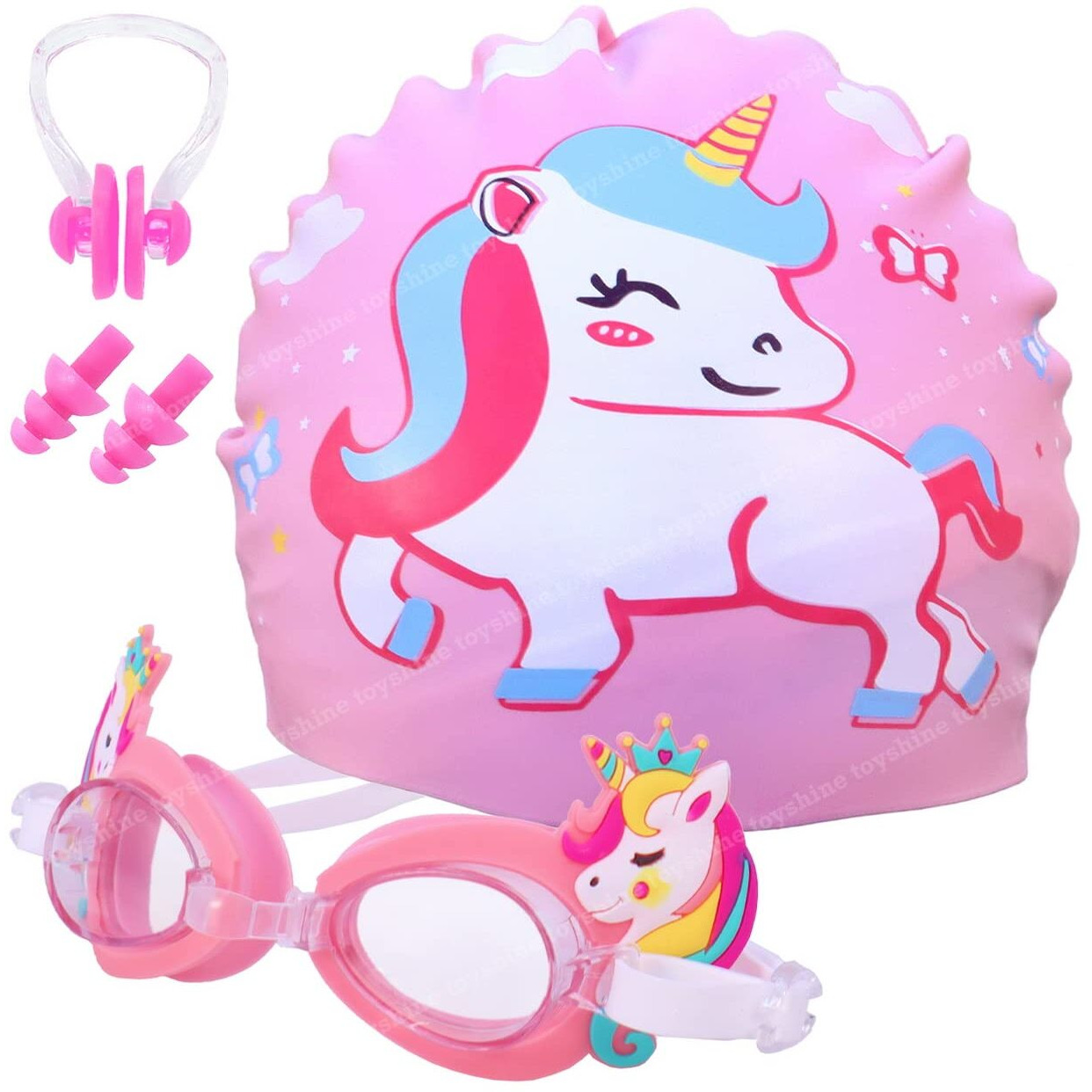 Toyshine Kids Swim Goggles and Swim Hat Child Shark Cute Swimming Kit Cartoon Blue Silicone Waterproof Hat Anti Fog Swim Glasses for Child Boys Girls Age 3-12 (Unicorn)