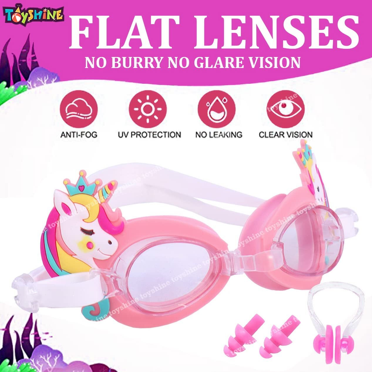Toyshine Kids Swim Goggles and Swim Hat Child Shark Cute Swimming Kit Cartoon Blue Silicone Waterproof Hat Anti Fog Swim Glasses for Child Boys Girls Age 3-12 (Unicorn)