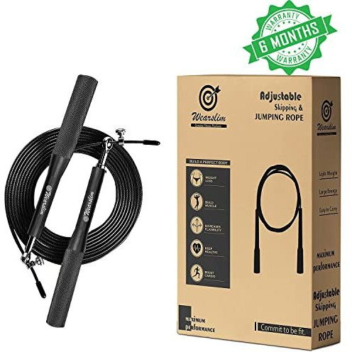 Wearslim Premium Metallic Skipping Rope with Anti-skid Aluminium Handles and Highly Durable Adjustable Steel Wire - Black