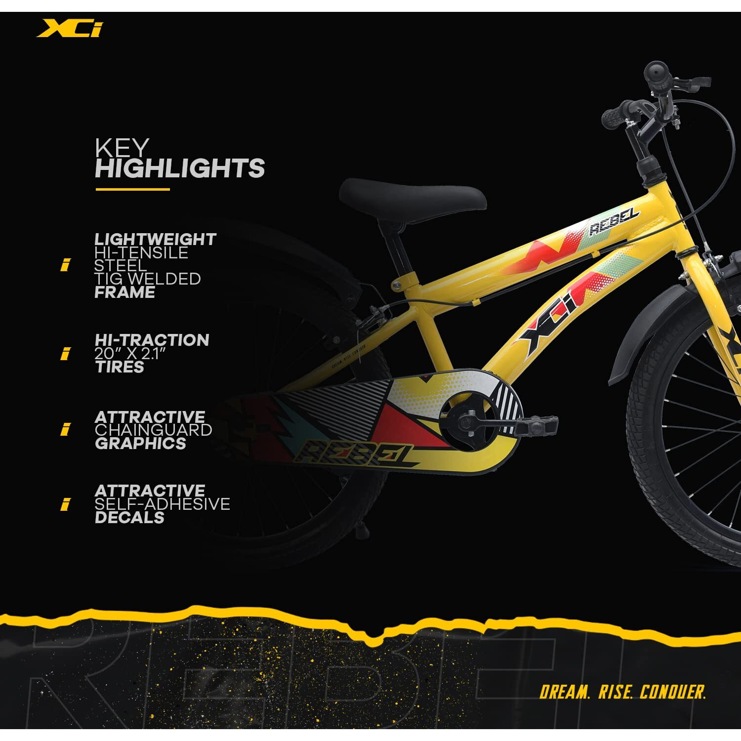 XCi Rebel 20T Yellow Kids Cycle, Single Speed Steel Frame Cycle, Ideal for 6-8 Years Unisex