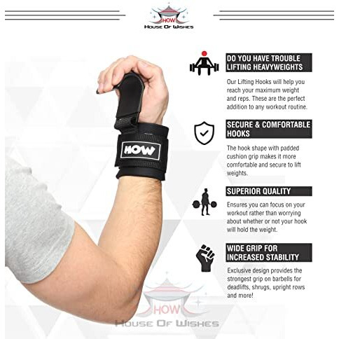 HOW (HOUSE OF WISHES) with Device Weight Lifting Hook Wrist Straps for Both Hands - Gym Support Straps Heavy Iron coated metal Black color (1 Pair)
