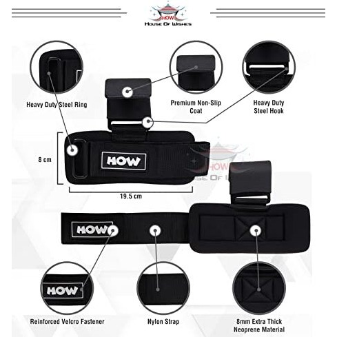 HOW (HOUSE OF WISHES) with Device Weight Lifting Hook Wrist Straps for Both Hands - Gym Support Straps Heavy Iron coated metal Black color (1 Pair)