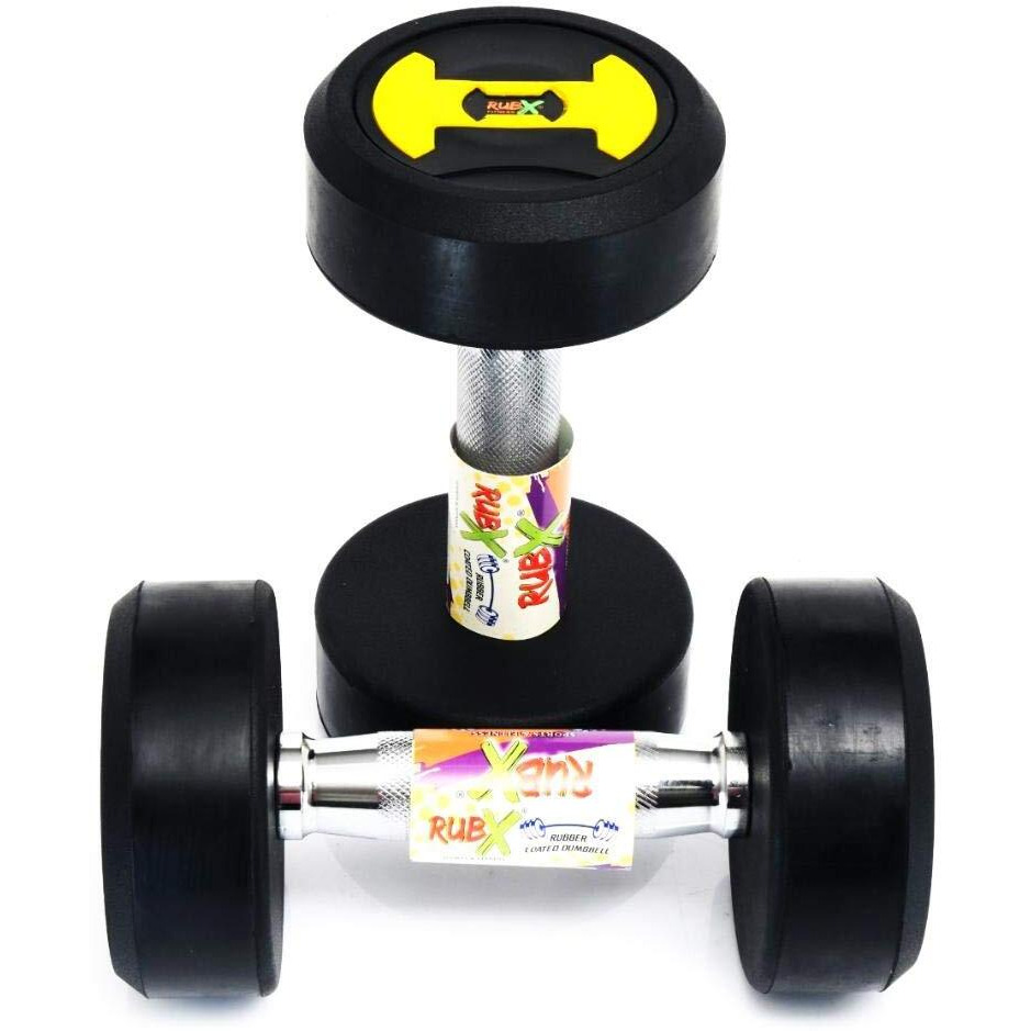 RUBX Rubber Coated Professional Round Dumbbells (Sold in Pair) (7.5 Kg x 2pc (Total  15 kg)) YELLOW