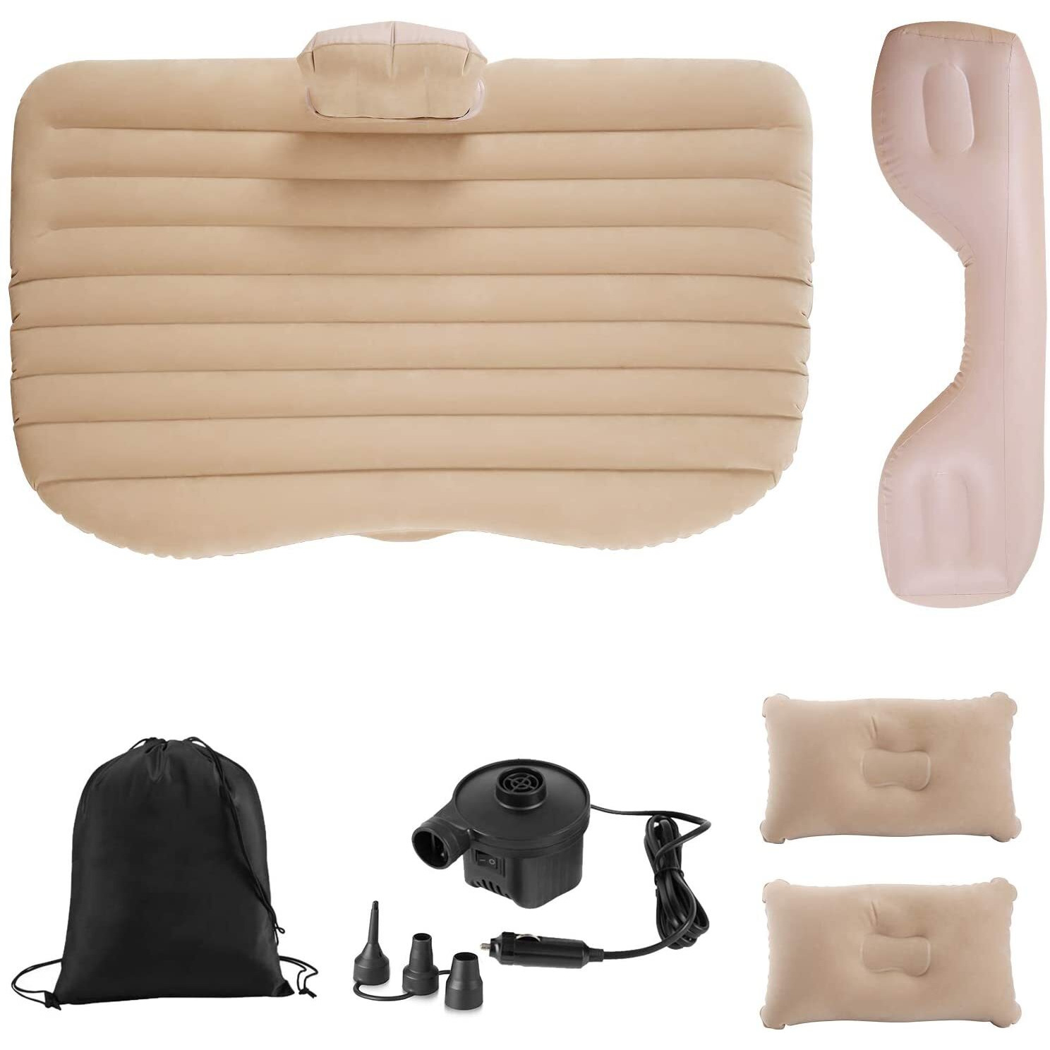 GoodHood Premium Car Air Mattress|Car Inflatable Bed with Electric Pump & 2 Air Pillow|Quick Inflatable Back Seat Bed|Travel,Trips,Camping,Picnic,Pool & Beach|Universal Fit|Beige