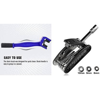 Gadget Deals Combo of Chain Cleaner Brush and 15 in 1 Multi-function Cycle Tools Kit Spoke Wrench Cycling Bicycle Chain Cleaner Brush & Cycle Tool Kit, Alloy Steel