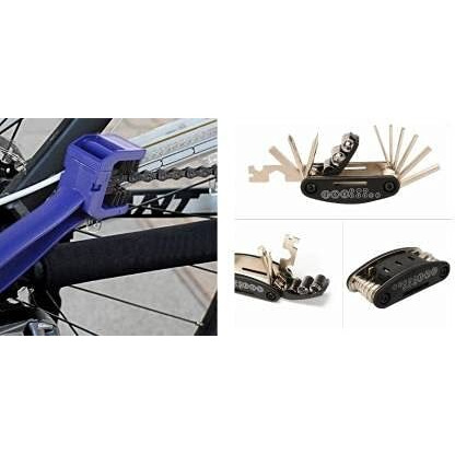 Gadget Deals Combo of Chain Cleaner Brush and 15 in 1 Multi-function Cycle Tools Kit Spoke Wrench Cycling Bicycle Chain Cleaner Brush & Cycle Tool Kit, Alloy Steel