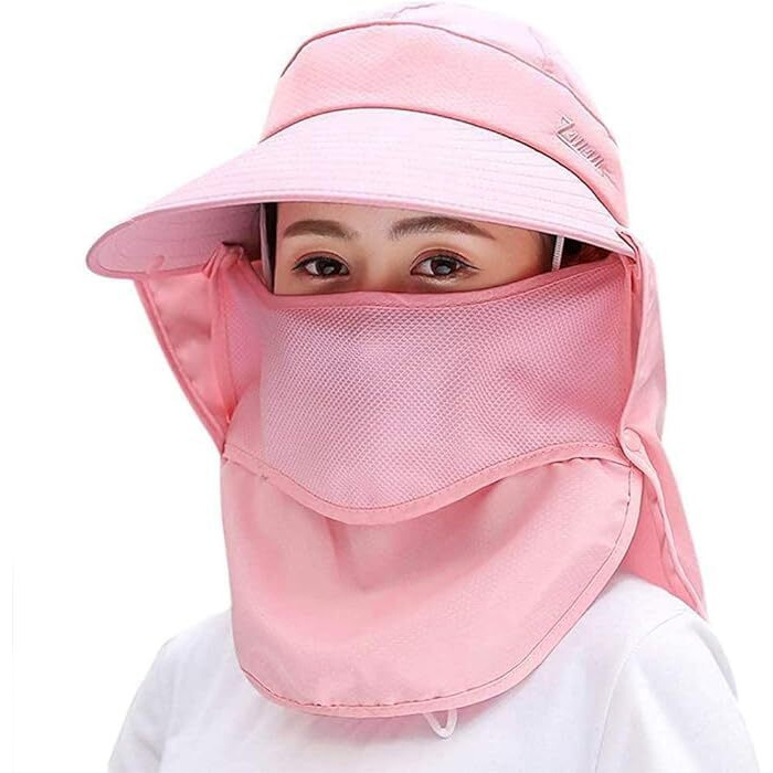 Alexvyan Polyester Women Wide Brim Face Mask Sun Hat Sunvisor Detachable Neck Face Flap Ponytail Uv Protection Sun Hat Garden Fishing Hiking Sun Protection Sun Visor (Pink), Large