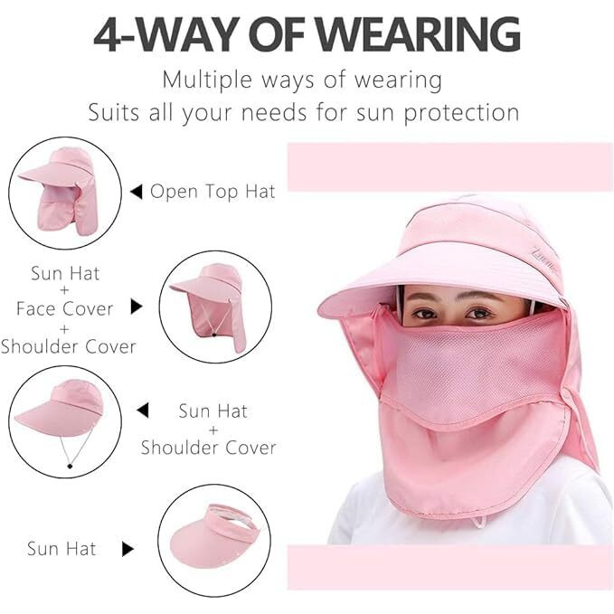 Alexvyan Polyester Women Wide Brim Face Mask Sun Hat Sunvisor Detachable Neck Face Flap Ponytail Uv Protection Sun Hat Garden Fishing Hiking Sun Protection Sun Visor (Pink), Large