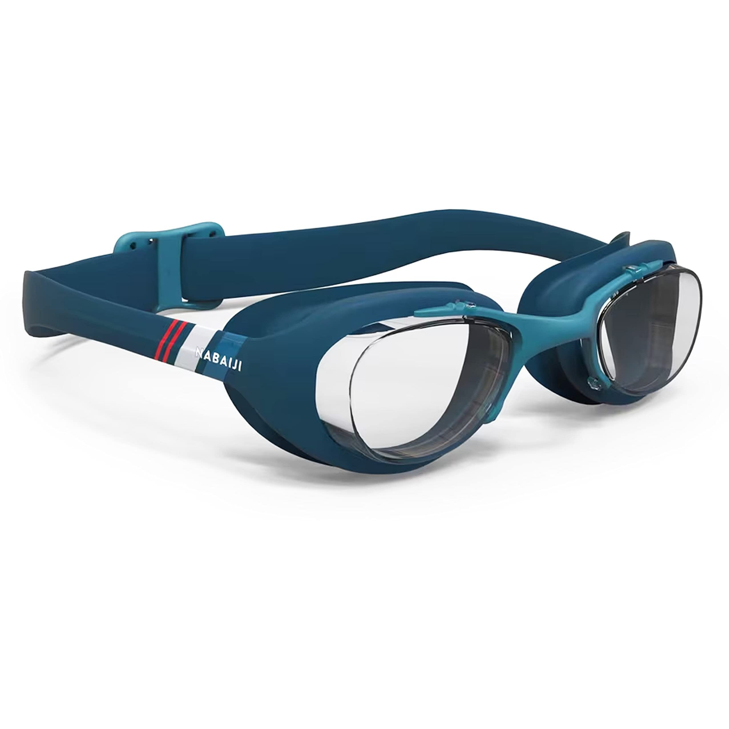 NABAIJI (DECATHLON) Swimming Goggles Adjustable Nose Bridge & Strap for Men - Clear lenses - One size (Blue White Red)