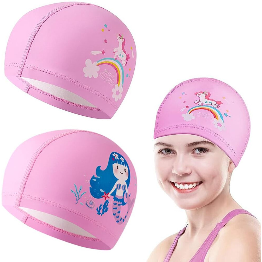 Proberos Swimming Cap for Kids Cute Cartoon Unicorn Mermaid Print Kids Swimming Cap Waterproof PU Fabric Swimming Cap for Girls Boys Comfortable Swim Cap for Training - 2 Pcs