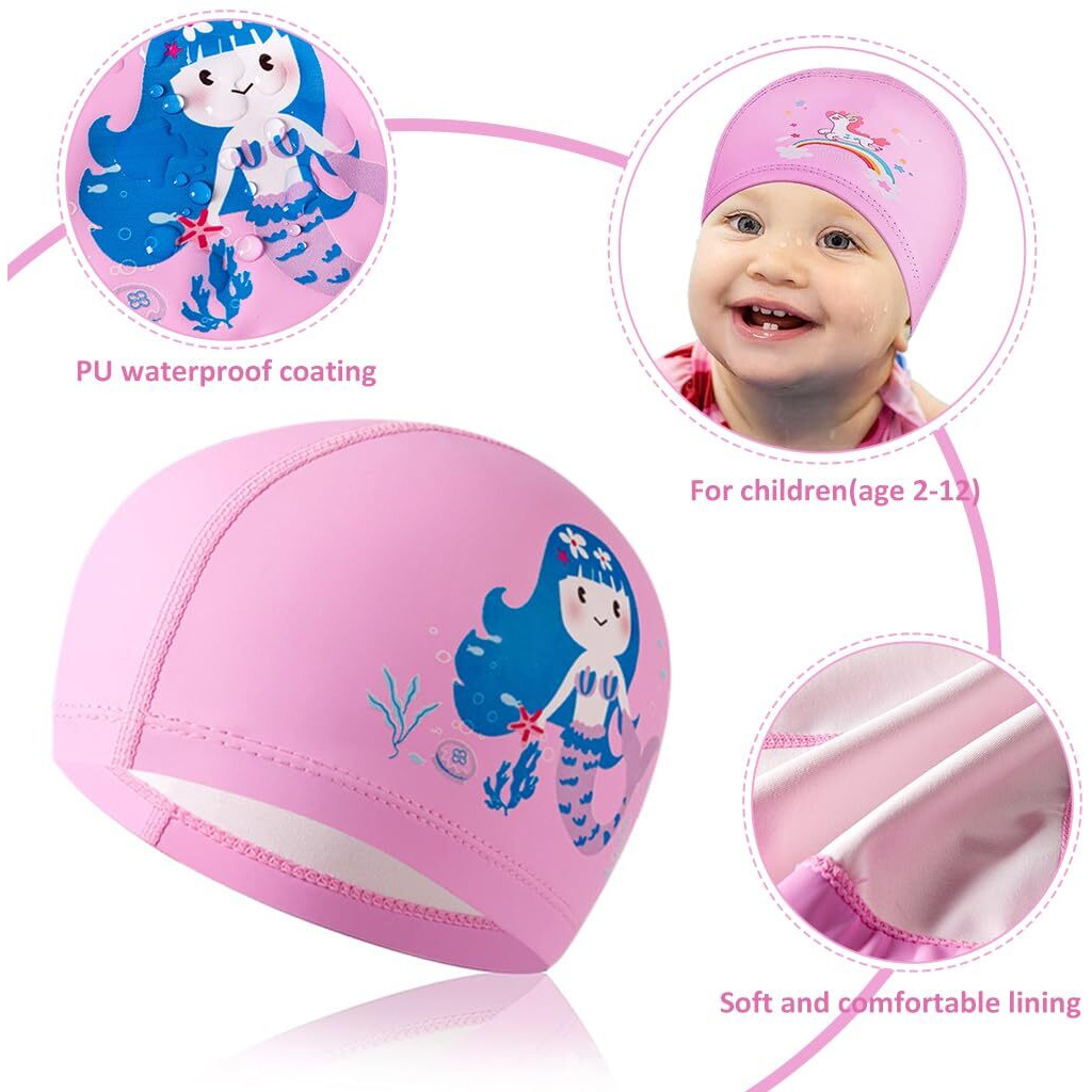 Proberos Swimming Cap for Kids Cute Cartoon Unicorn Mermaid Print Kids Swimming Cap Waterproof PU Fabric Swimming Cap for Girls Boys Comfortable Swim Cap for Training - 2 Pcs