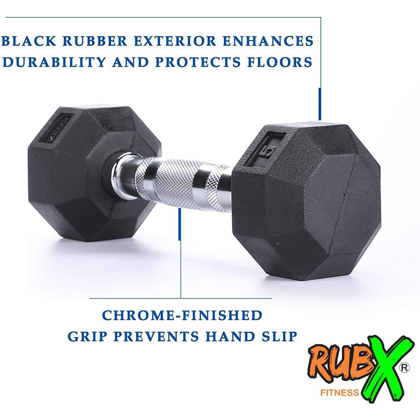 RUBX Fitness Rubber Encased Solid Hex Dumbbell Single Piece (One Dumbbell Only) (2.5 Kg Single Piece), Black