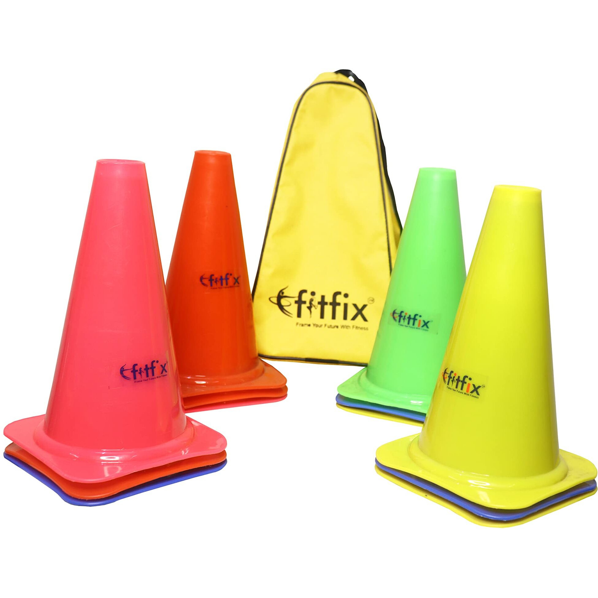 Fitfix Agility Marker Cones Used in Soccer, Cricket, Training in polyethylene for Sports Training, Traffic Cone, Dog Agility and Outdoor Agility Training - Multicolor (Pack of 12) (Height 9 Inches - Medium) comes with strong STORAGE CARRY BAG to go anywhere