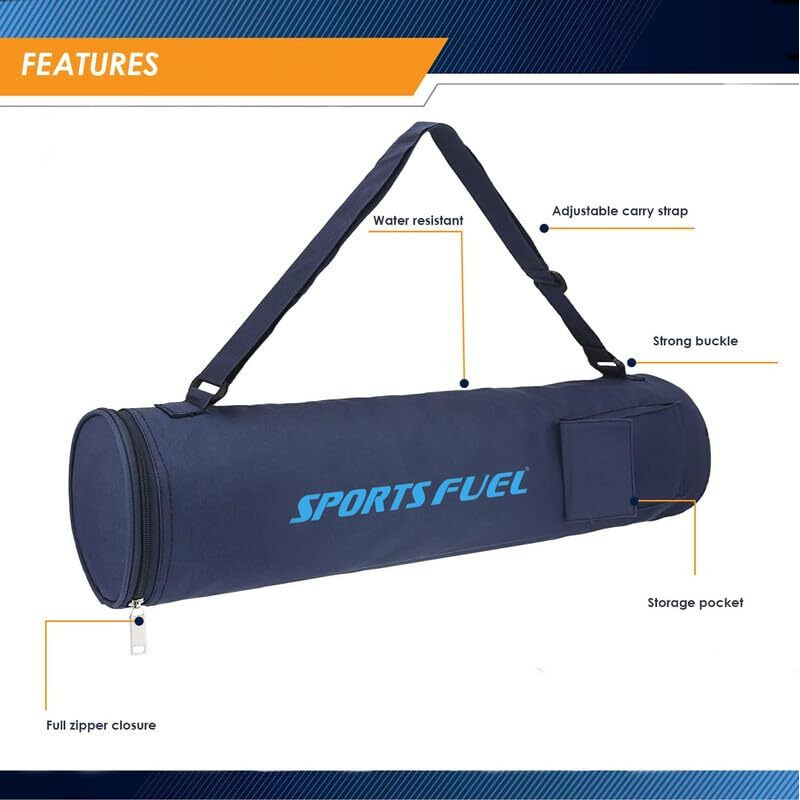 Sports Fuel Nylon Yoga Mat Cover with Adjustable Shoulder Strap Carry Bag | Water-Resistant, Durable, Pockets, Soft, Easy to Fold for Home Gym & Outdoor Workout | Men & Women (Blue)